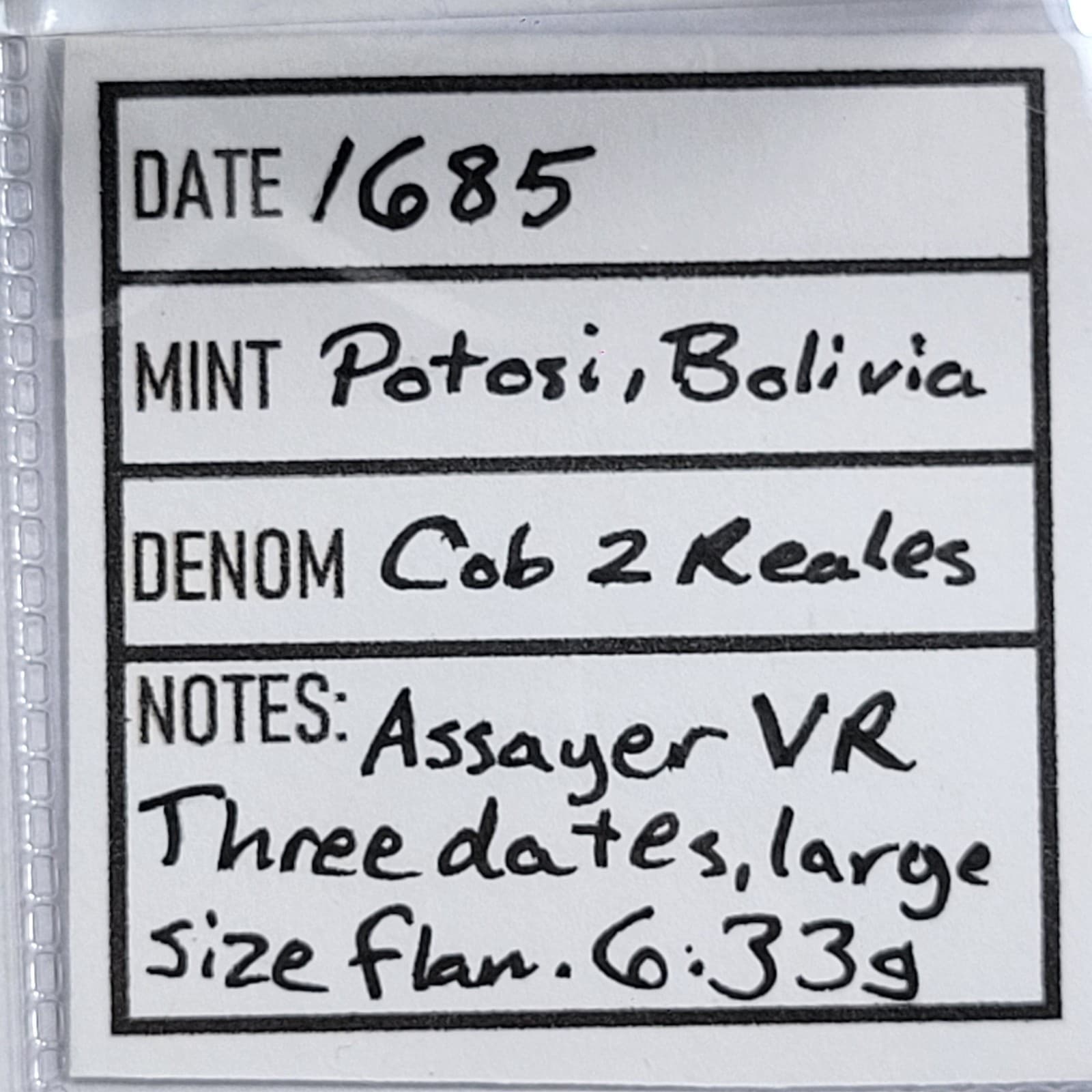 1685 TRIPLE DATED Cob 2 Reales Potosi Bolivia Assayer VR Spanish Silver *K148 3