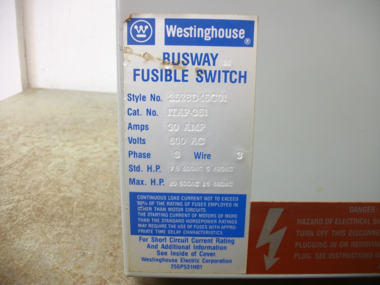 WESTINGHOUSE FUSIBLE BUS PLUG ITAP361 30AMP 600VOLT 3PH 3W 4