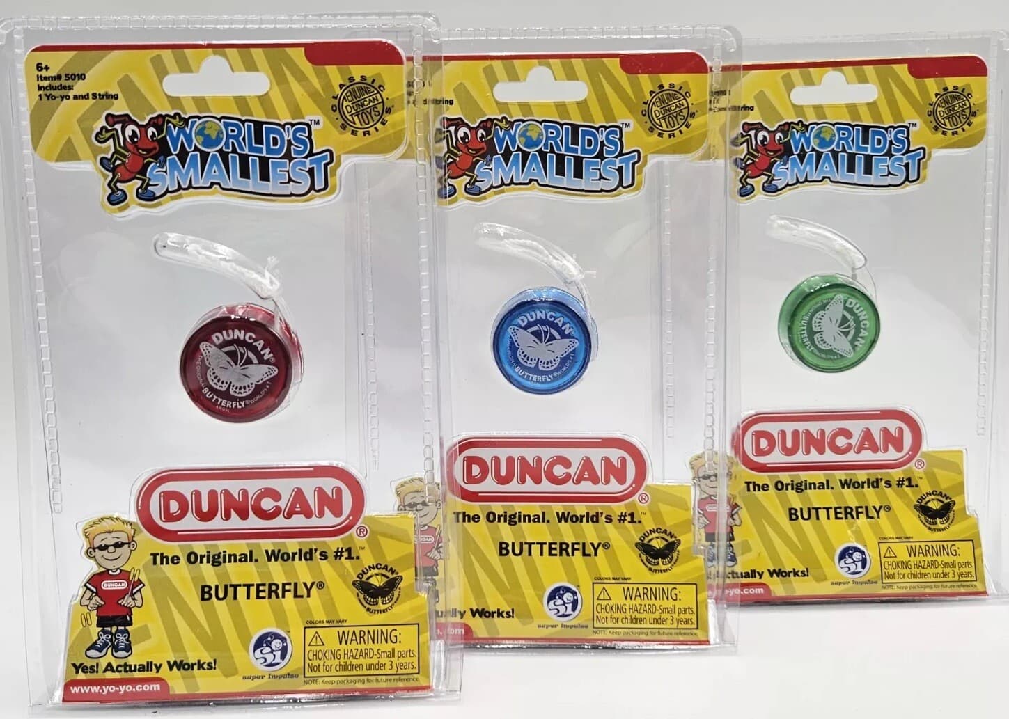 Lot Of All 3 New World's Smallest Duncan Butterfly Yo-Yo YoYo Blue Red Green 2