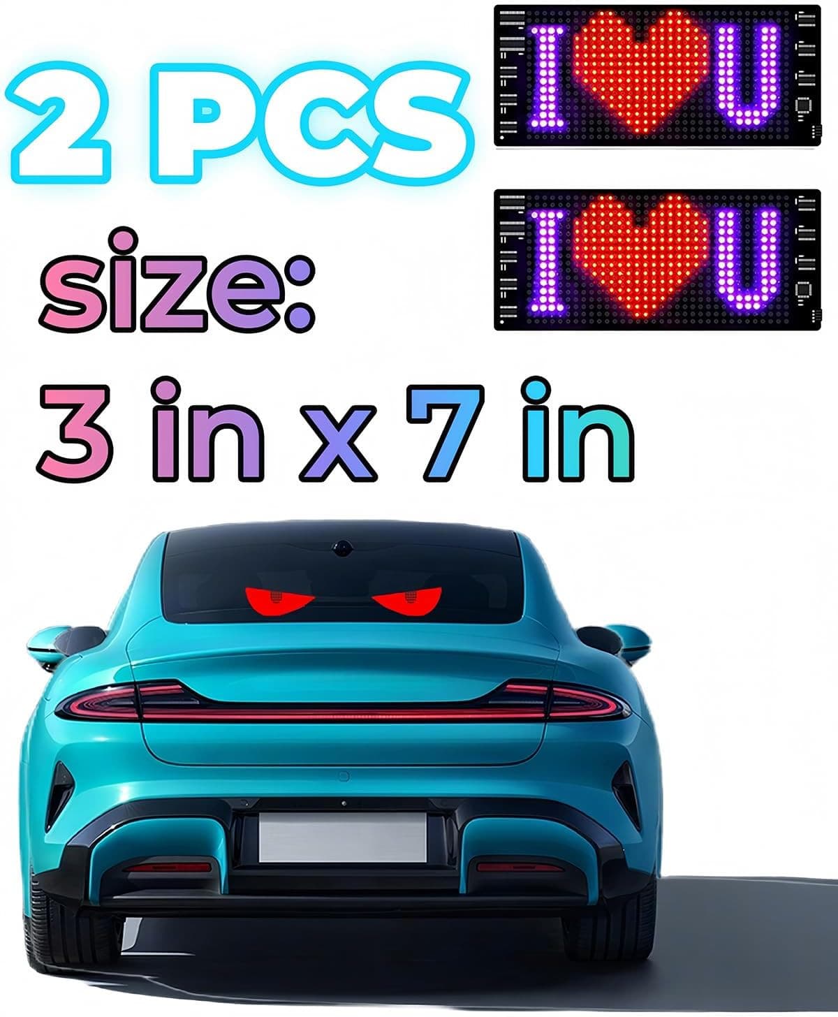 2PCS 3x7 Devil Eyes LED Car Lights Animated Windshield Sign App Control 2