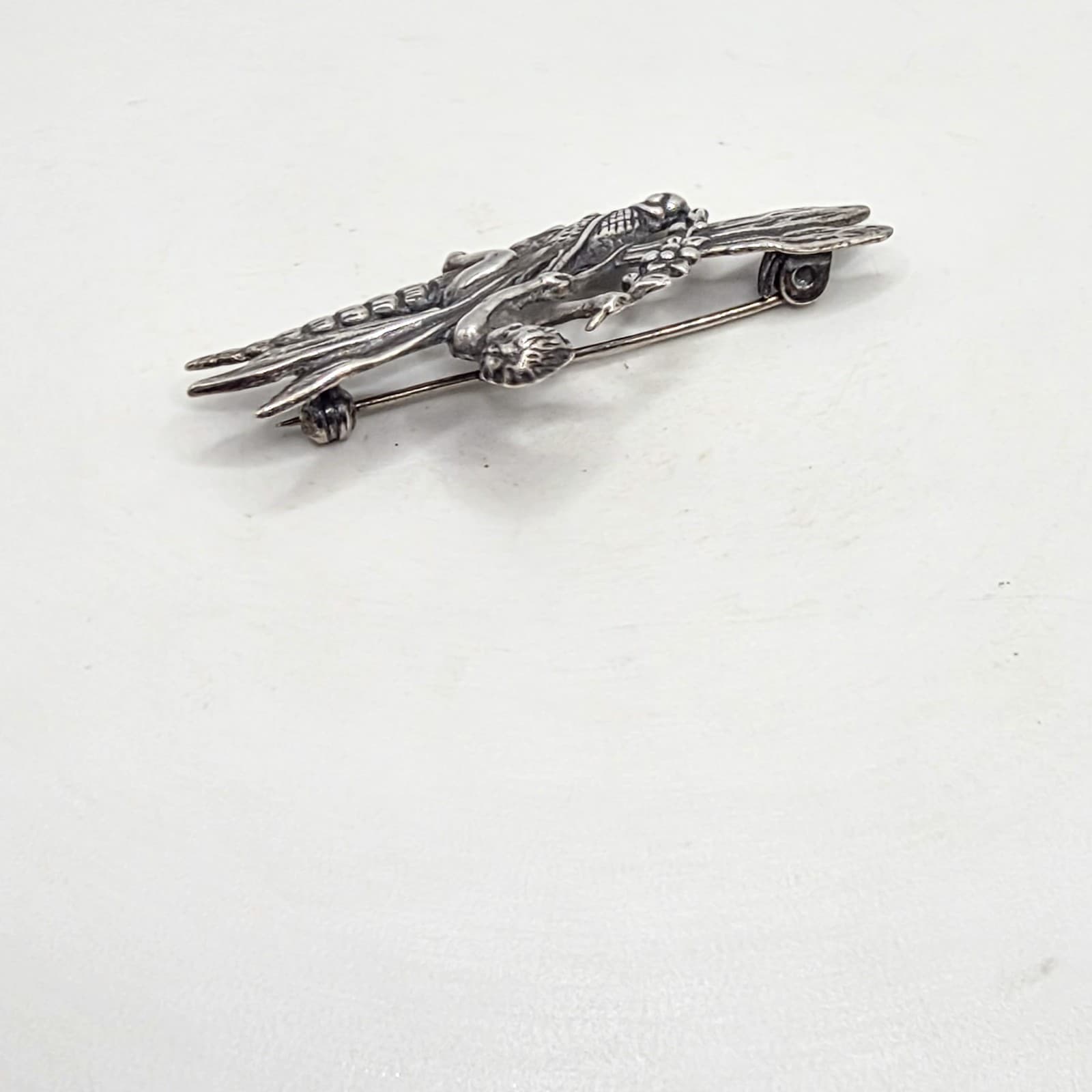 Sterling Silver 925 Art Nouveau Style Fairy Cherub Dragonfly 1.75" Brooch Pin 6