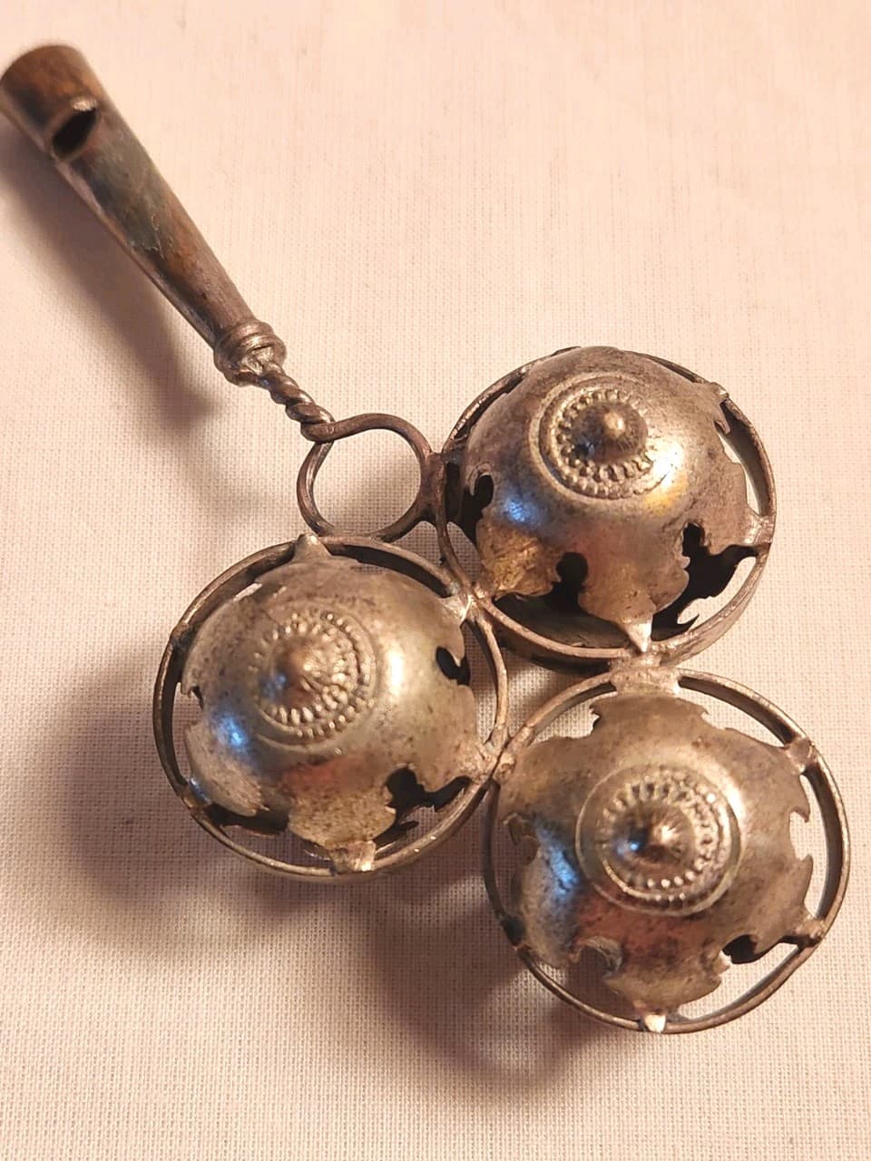 ANTIQUE METAL BABY RATTLE WHISTLE 2