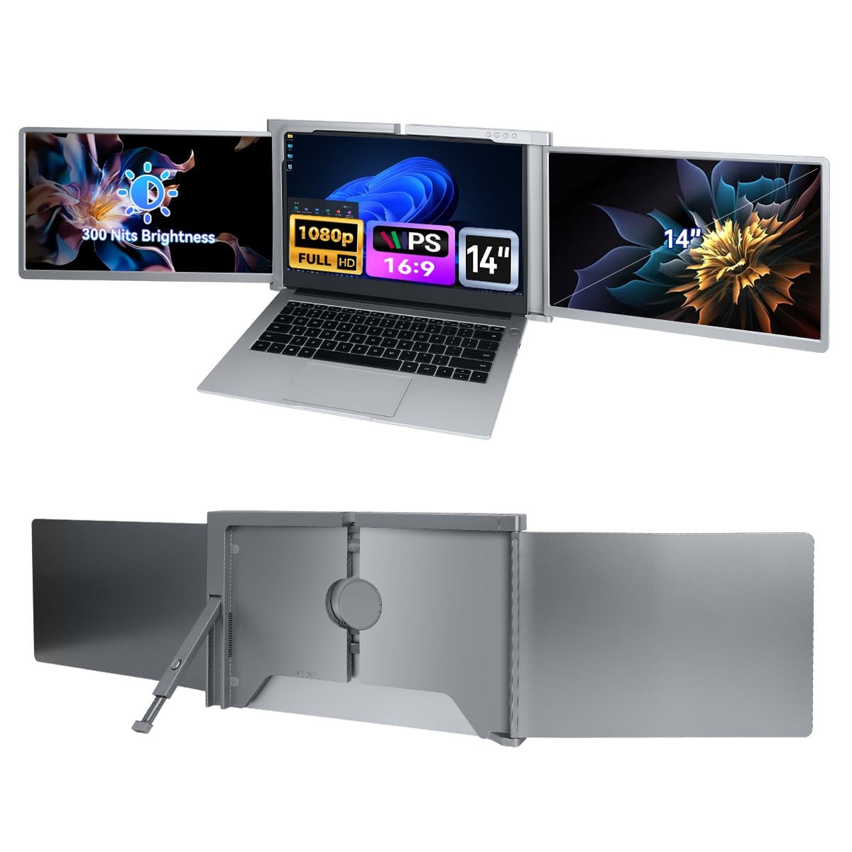 Laptop Screen Extender, 14" FHD 1080P IPS Triple Screen Laptop Monitor Extender