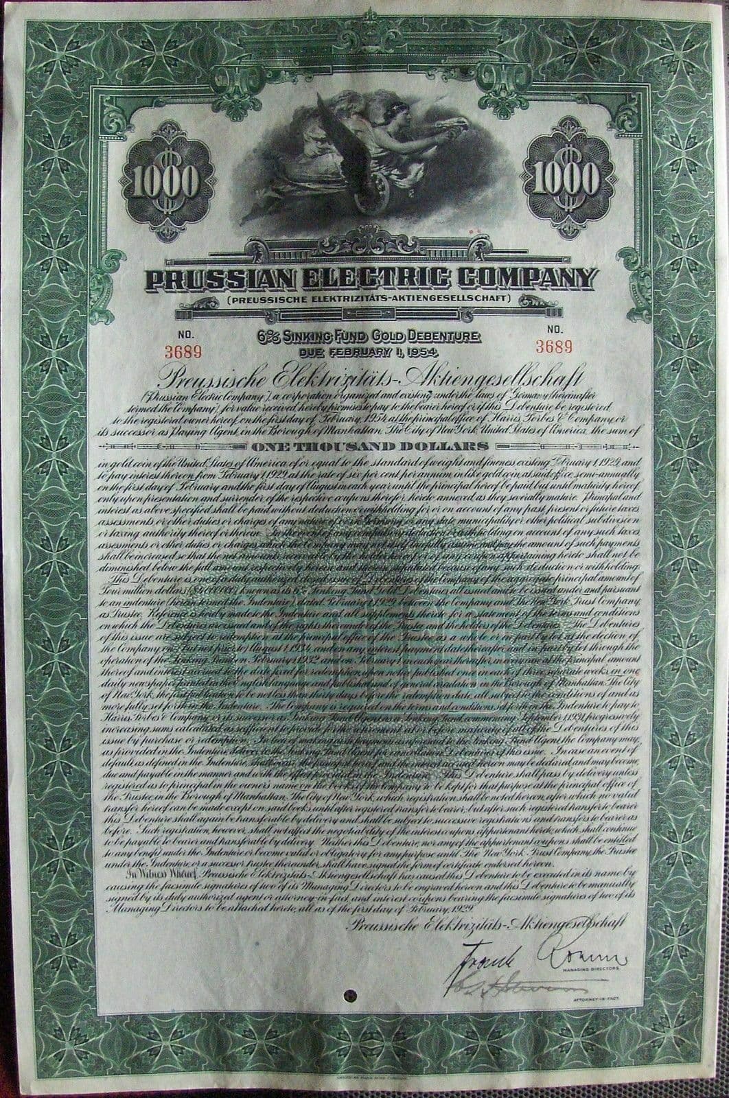 Germany Prussian Electric Company Sinking Fund Gold bond $1000 with coupons 1929