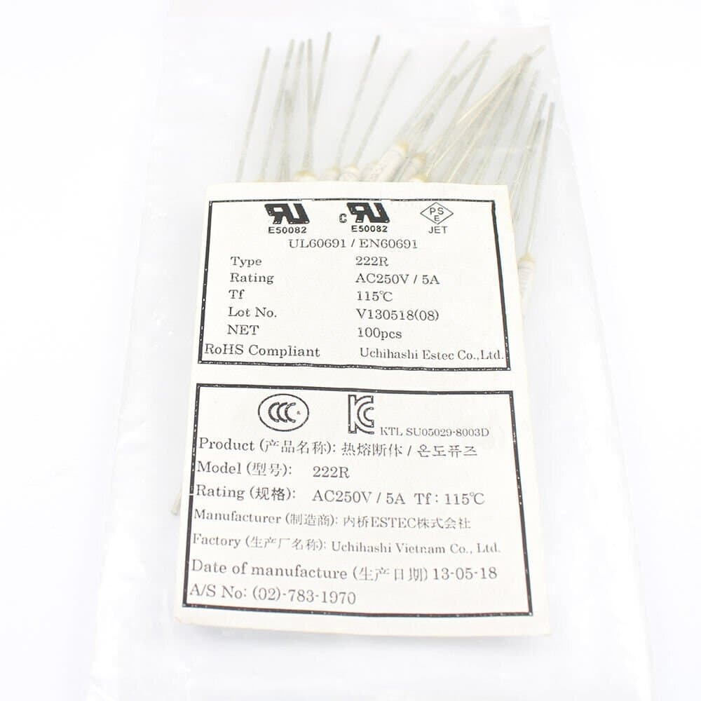 5Pcs ELCUT UMI Microtemp Thermal Fuse Axial Type 222R TF Cutoff 115℃5A 250V 4