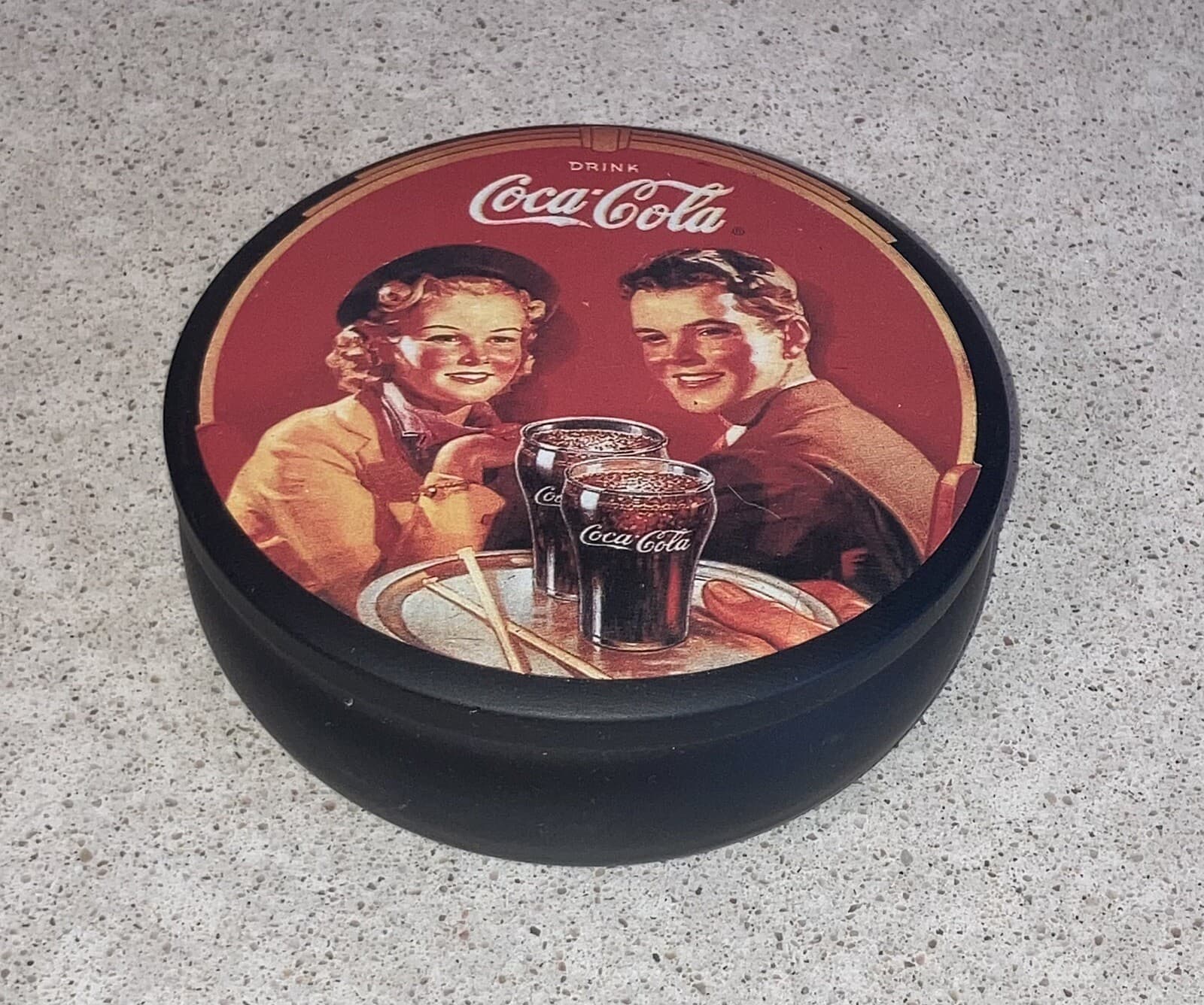 Vintage 1988 Round Coke Drink Coca-Cola Girl Boy Soda Fountain Tin