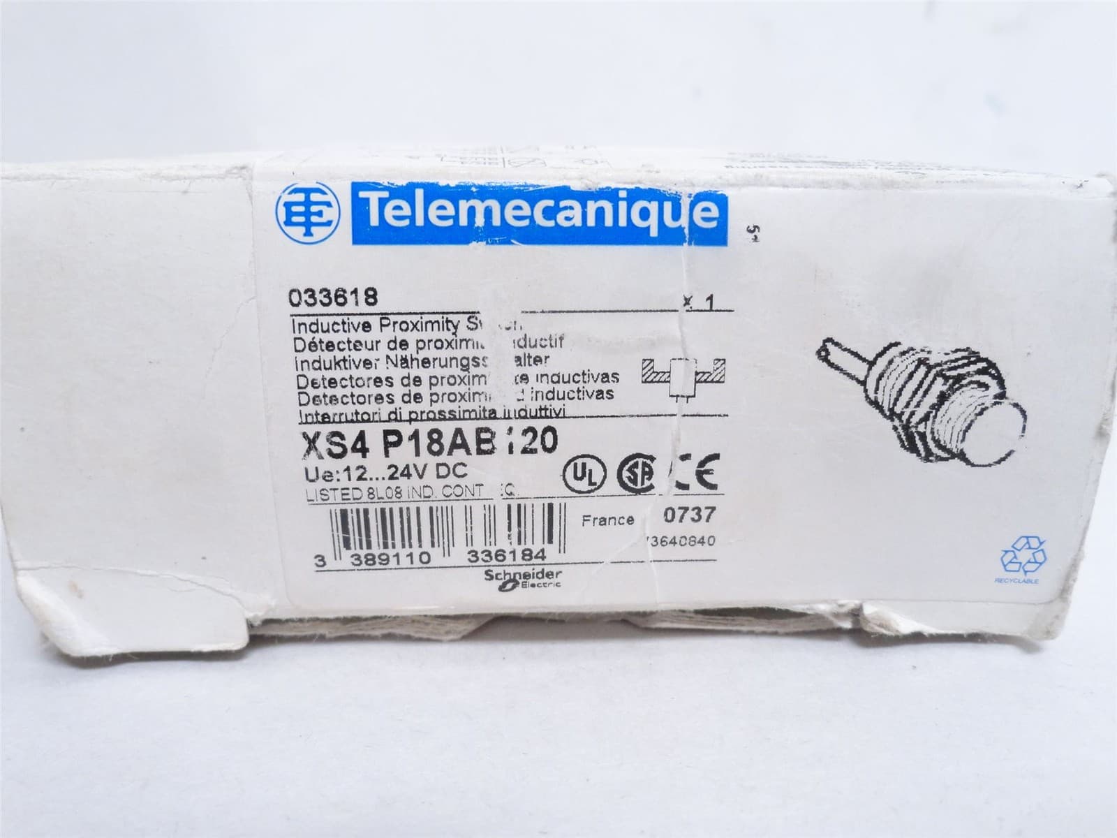 246986 New-No Box; Telemecanique XS4P18AB120 Prox Sensor; 12-24VDC; 20mA 3