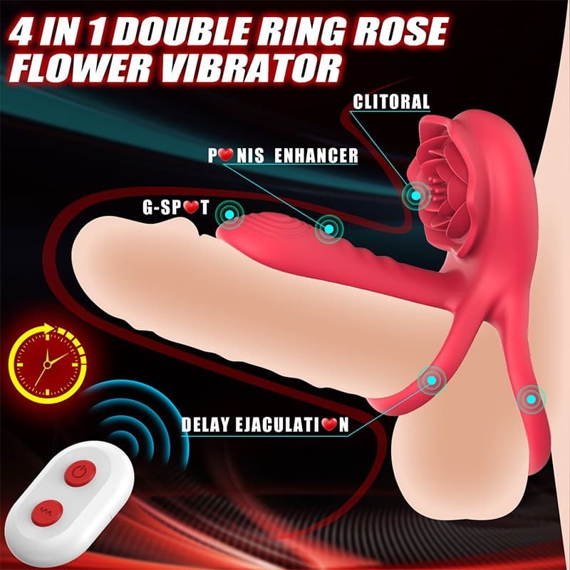 Rechargeable Couples Vibrating Cock Ring with Rose G-Spot Clitoral Stimulator 3