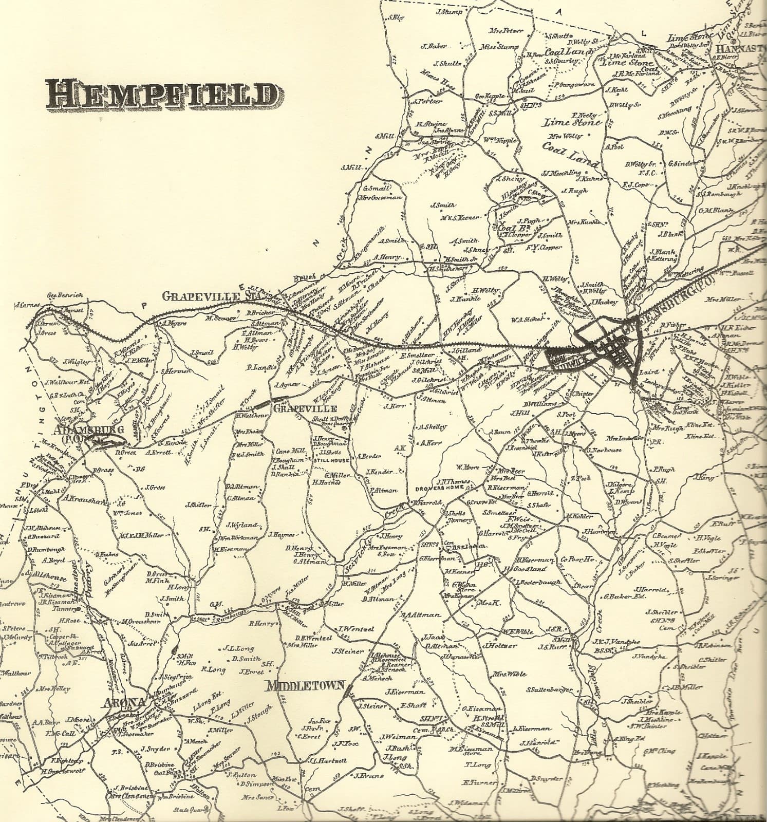 Hempfield New Stanton Youngwood Hannastown PA 1867 Maps Landowners Names Shown