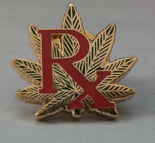 Medical marijuana cannabis brass/enamel 1" lapel pin with butterfly clutch RX