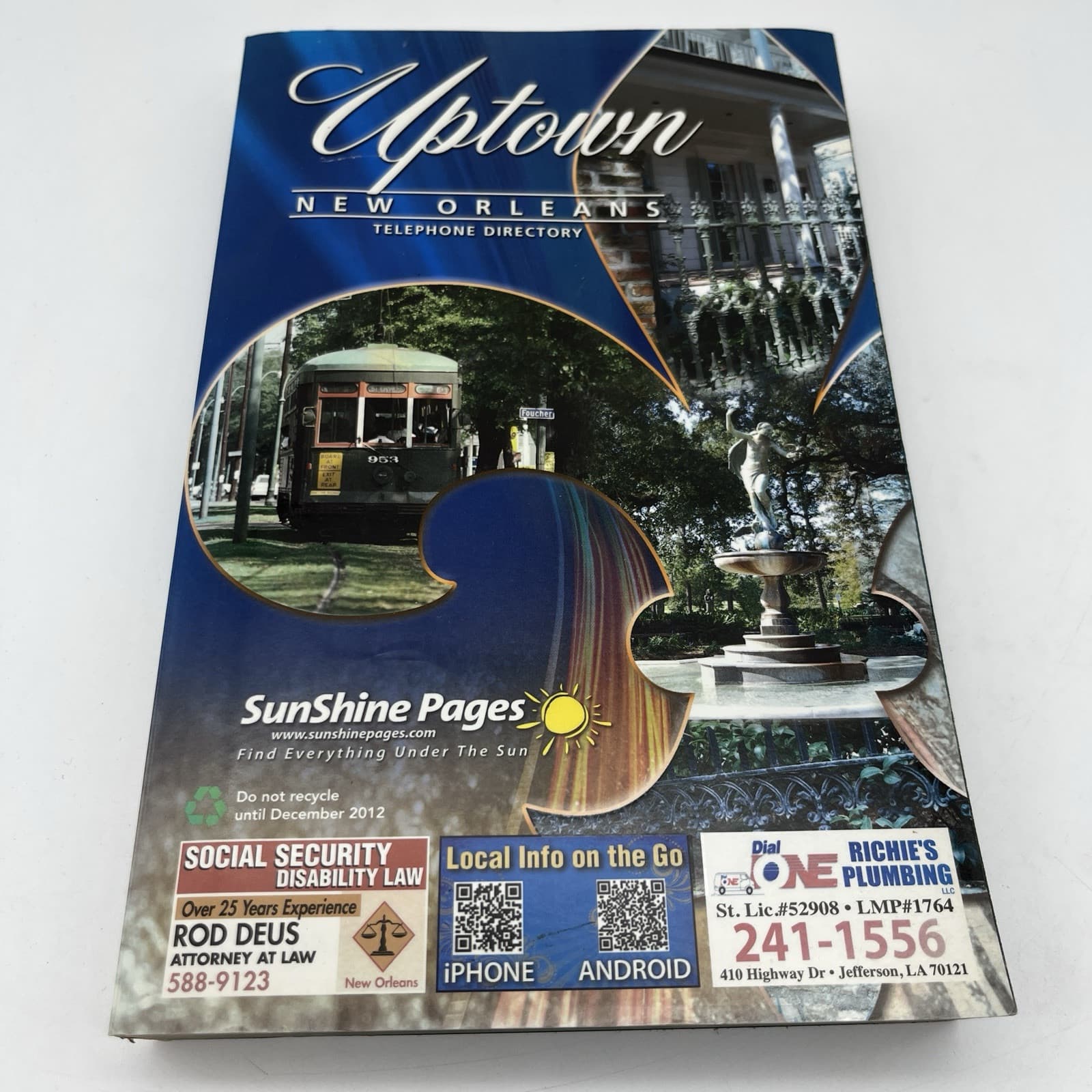 2011-2012 New Orleans Telephone Directory Uptown Sunshine Pages 9x6x1"