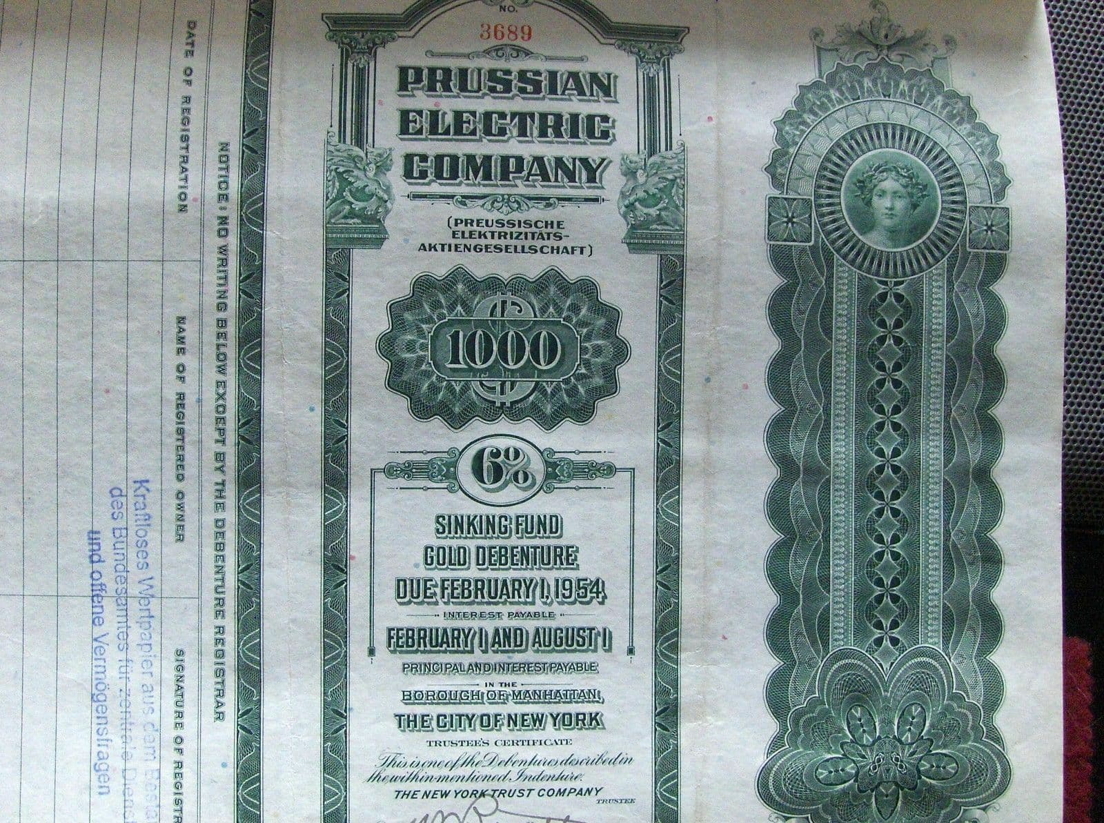 Germany Prussian Electric Company Sinking Fund Gold bond $1000 with coupons 1929 4