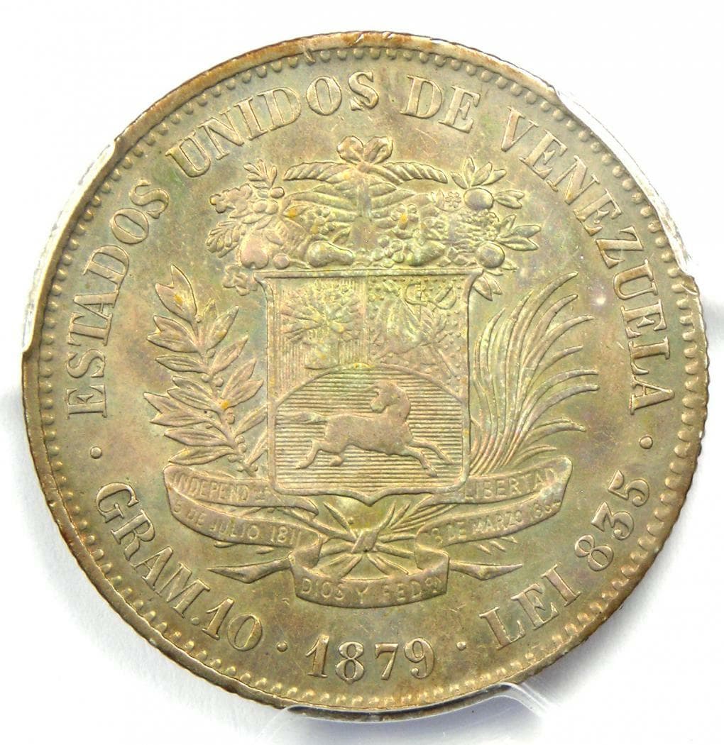 1879 Venezuela Republic 2 Bolivares Coin 2B - Certified PCGS AU Details - Rare! 4