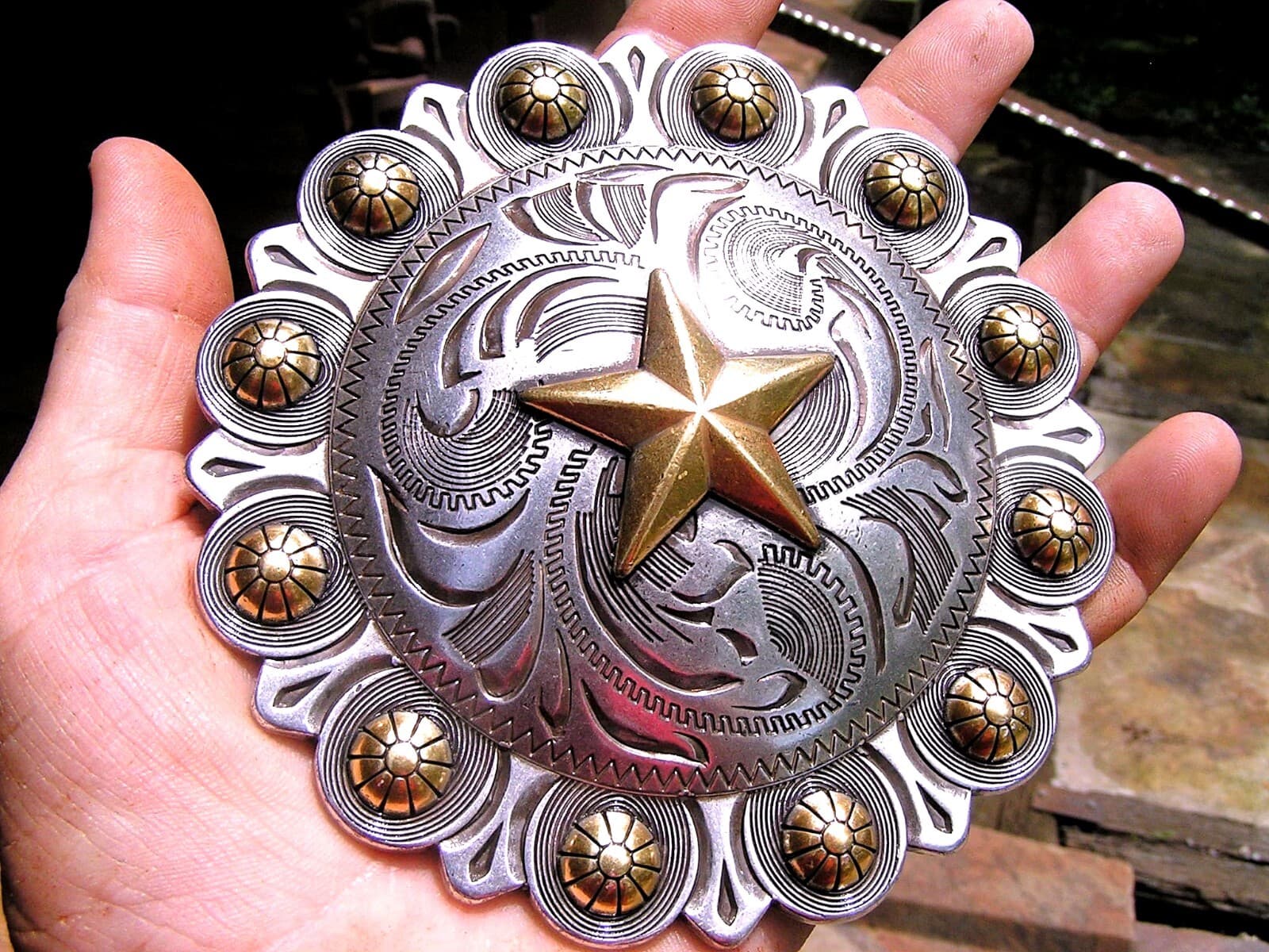 XL western star concho, silver tone etched finish, gold star & berry, 4 1/2 inch 3