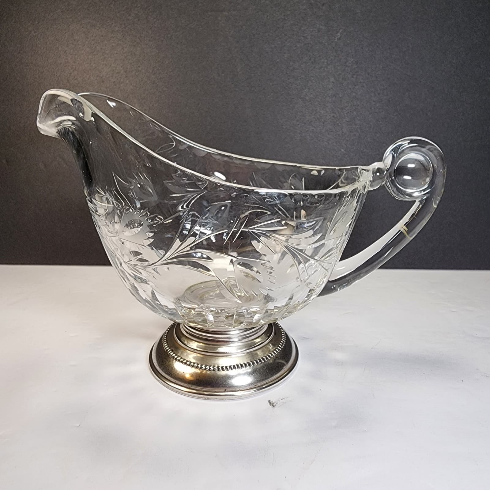 Vintage Frank M. Whiting Etched Glass Gravy Boat Sauce Dish Sterling Silver Base 3