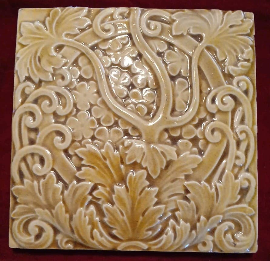 Antique Victorian Majolica Trent Tile Co NJ Art Studio 6" Inch Amber Leaf Flower