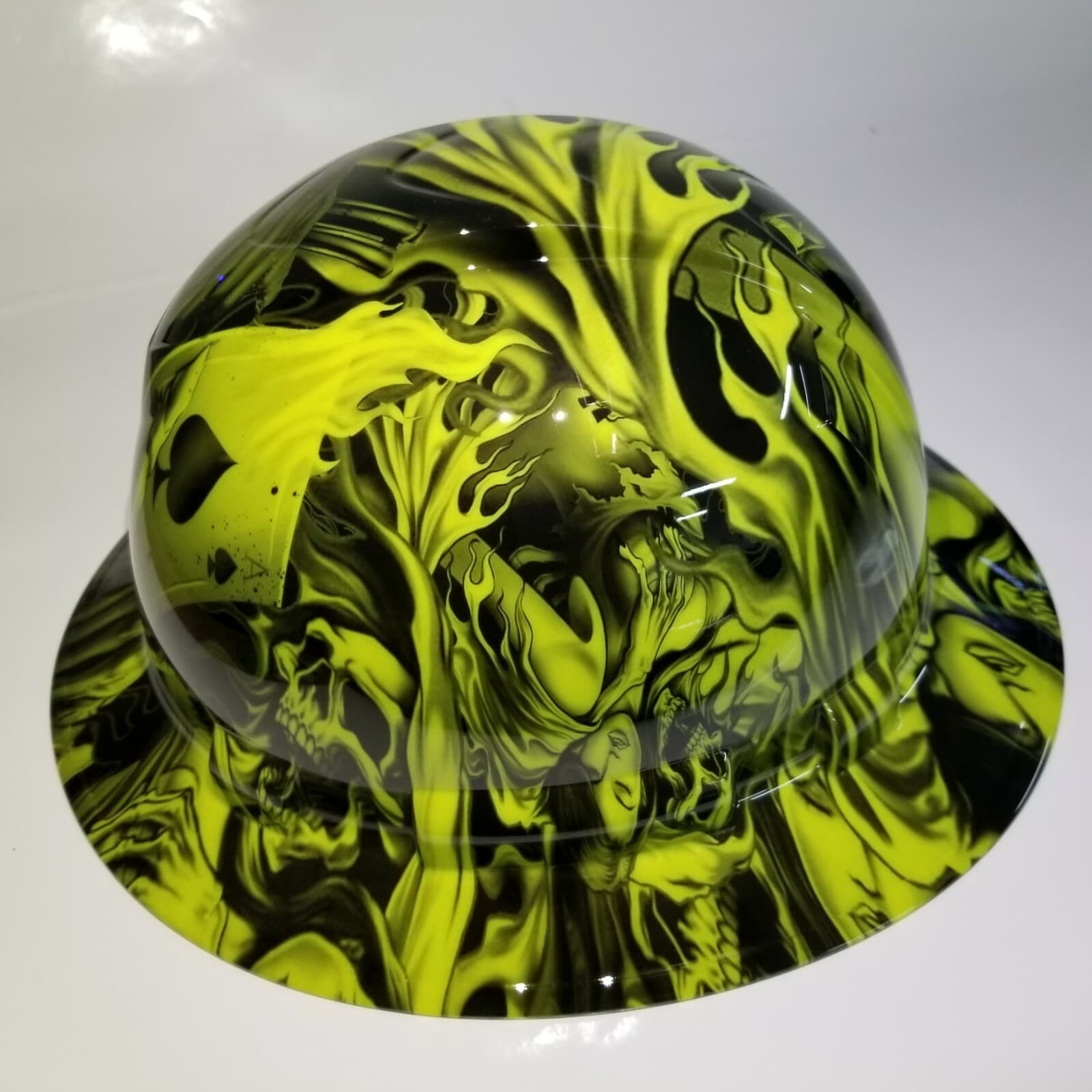 FULL BRIM Hard Hat custom hydro dipped in HI VIS GREEN ACE OF SKULLS NEW 3