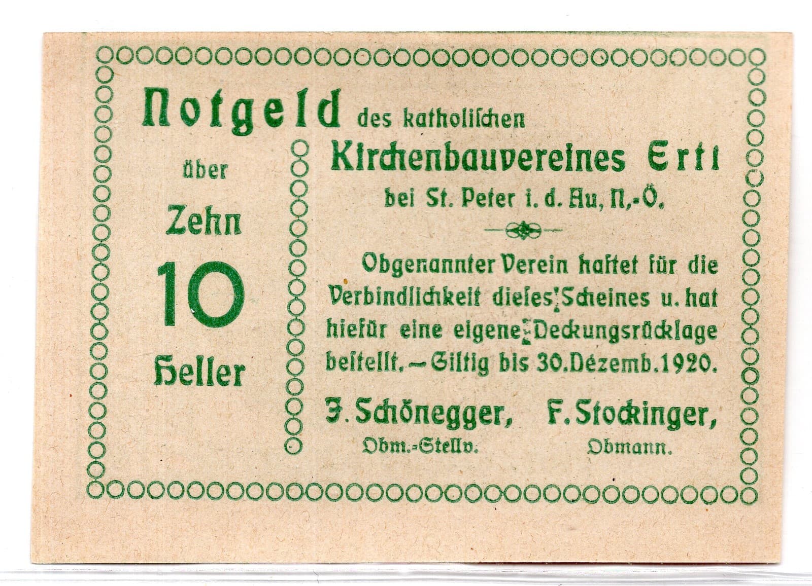 1920 Austria Ertl Notgeld 10 Heller Note (1612) 2