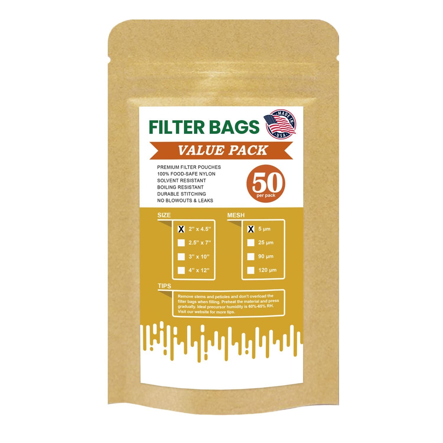 Premium Nylon Mesh Rosin Filter Bags, 2" x 4.5" (50pcs) - 5, 25, 90, 120 Microns