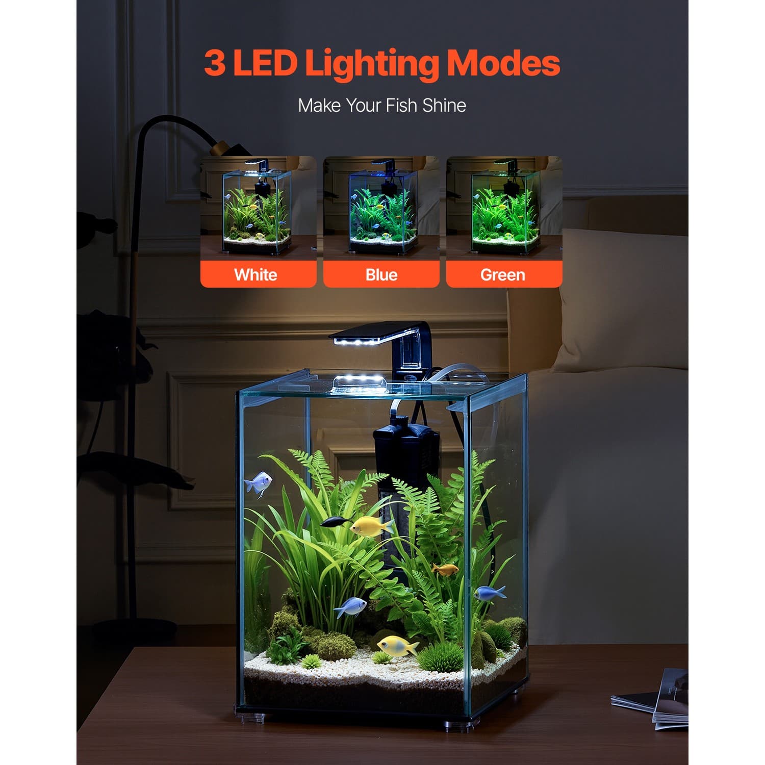 Uimoso 5gal Fish Tank Aquarium Smart Square Clear Glass 3 Color Self Cleaning 3