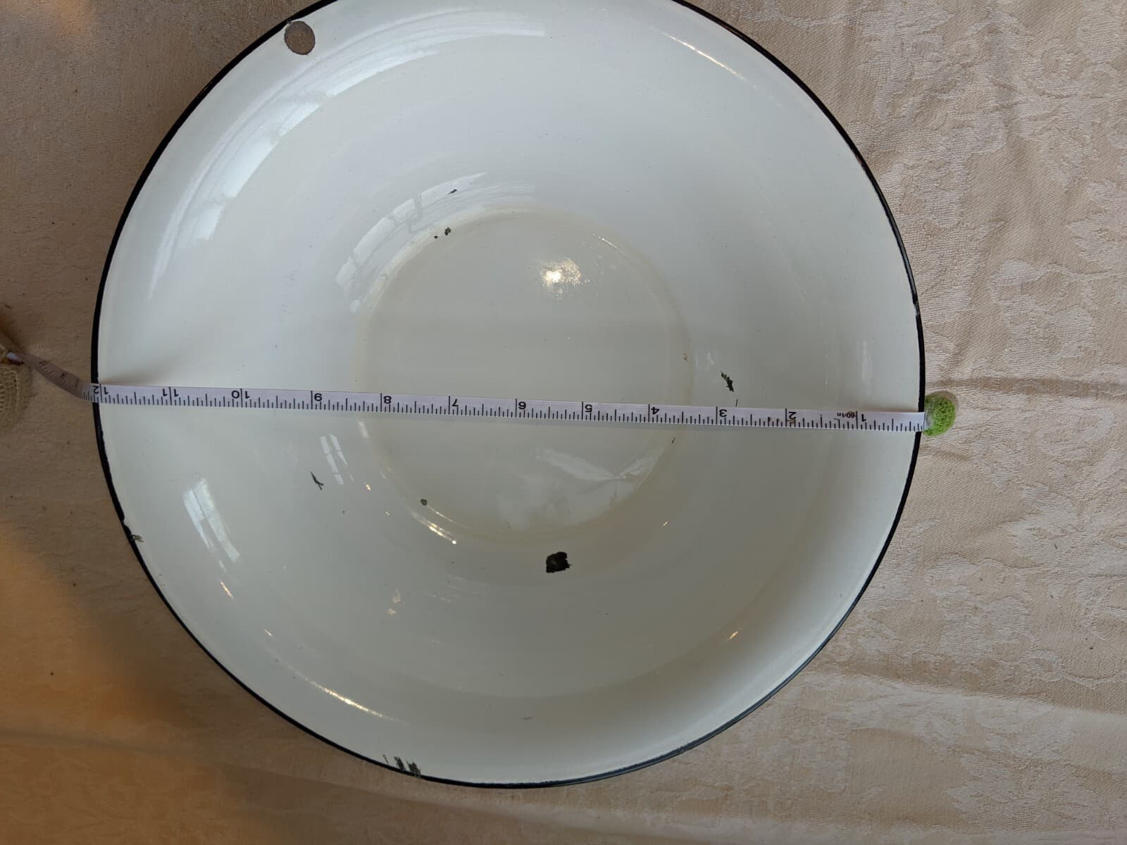 Vintage enamel metal Bowl 12" white black 5