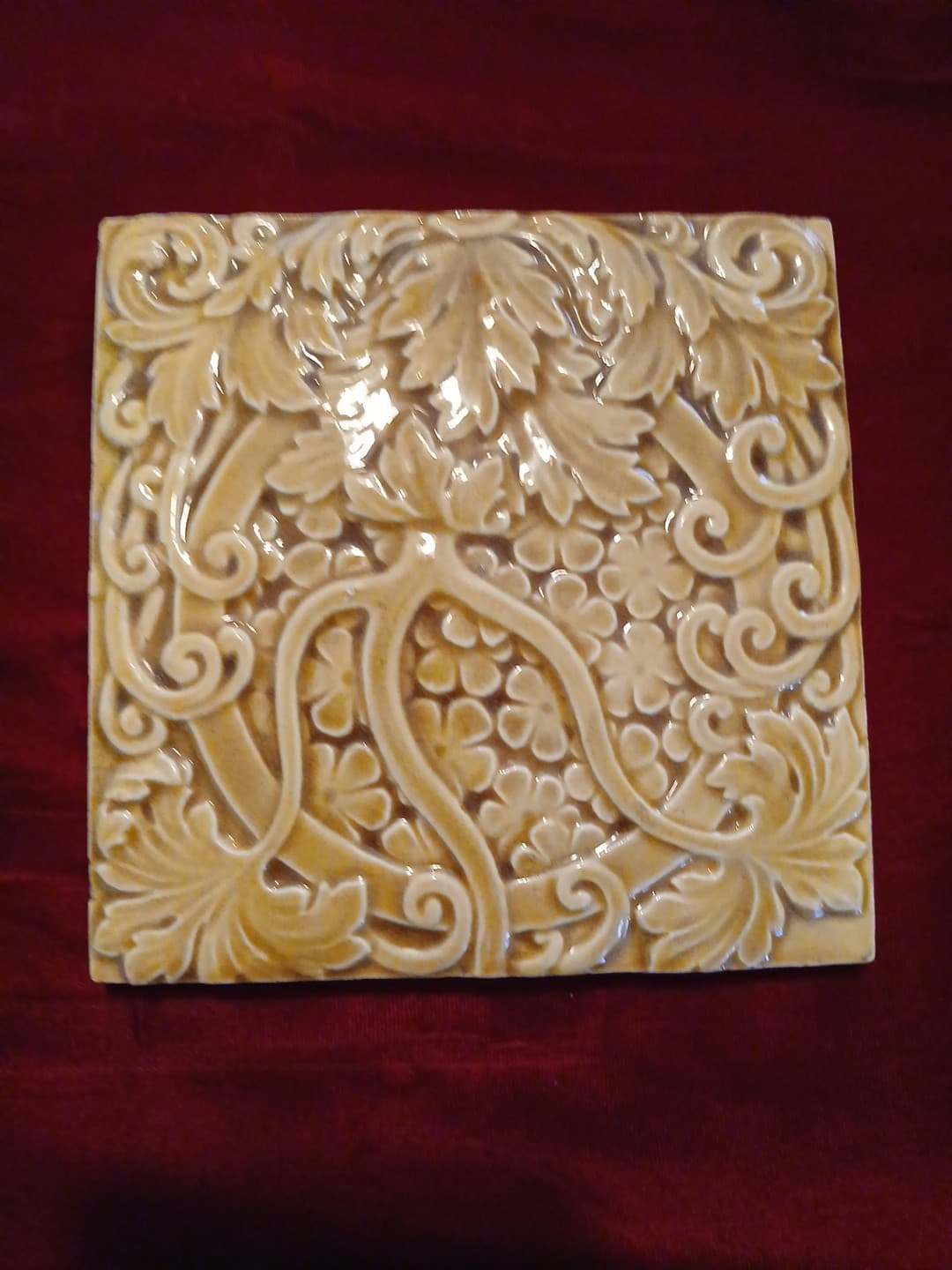 Antique Victorian Majolica Trent Tile Co NJ Art Studio 6" Inch Amber Leaf Flower 4