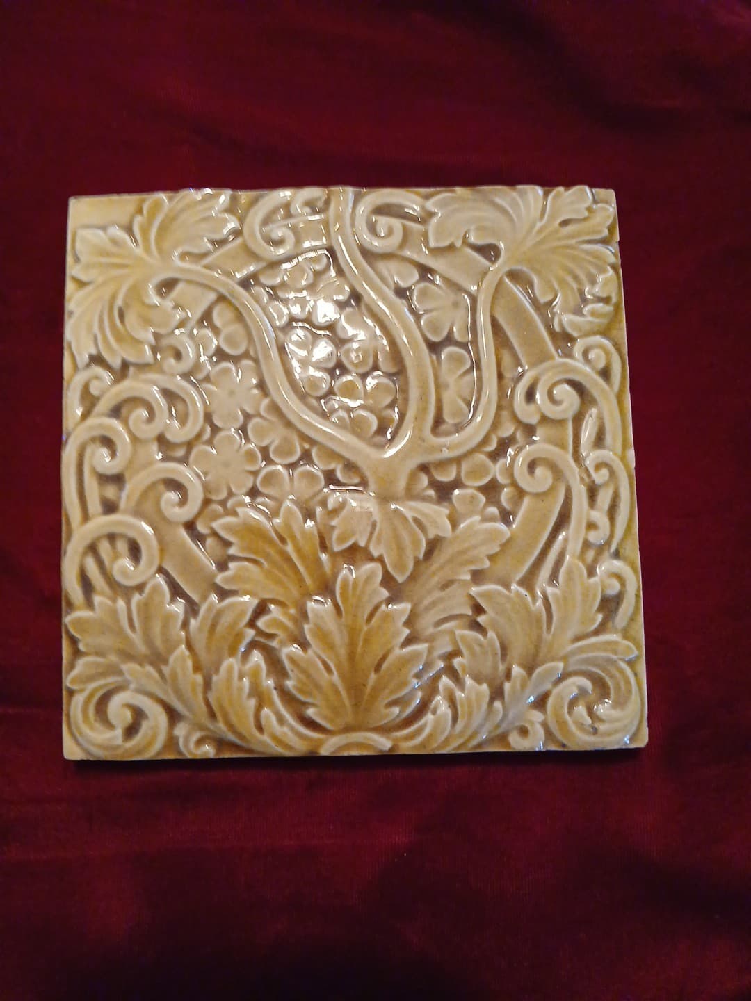 Antique Victorian Majolica Trent Tile Co NJ Art Studio 6" Inch Amber Leaf Flower 6