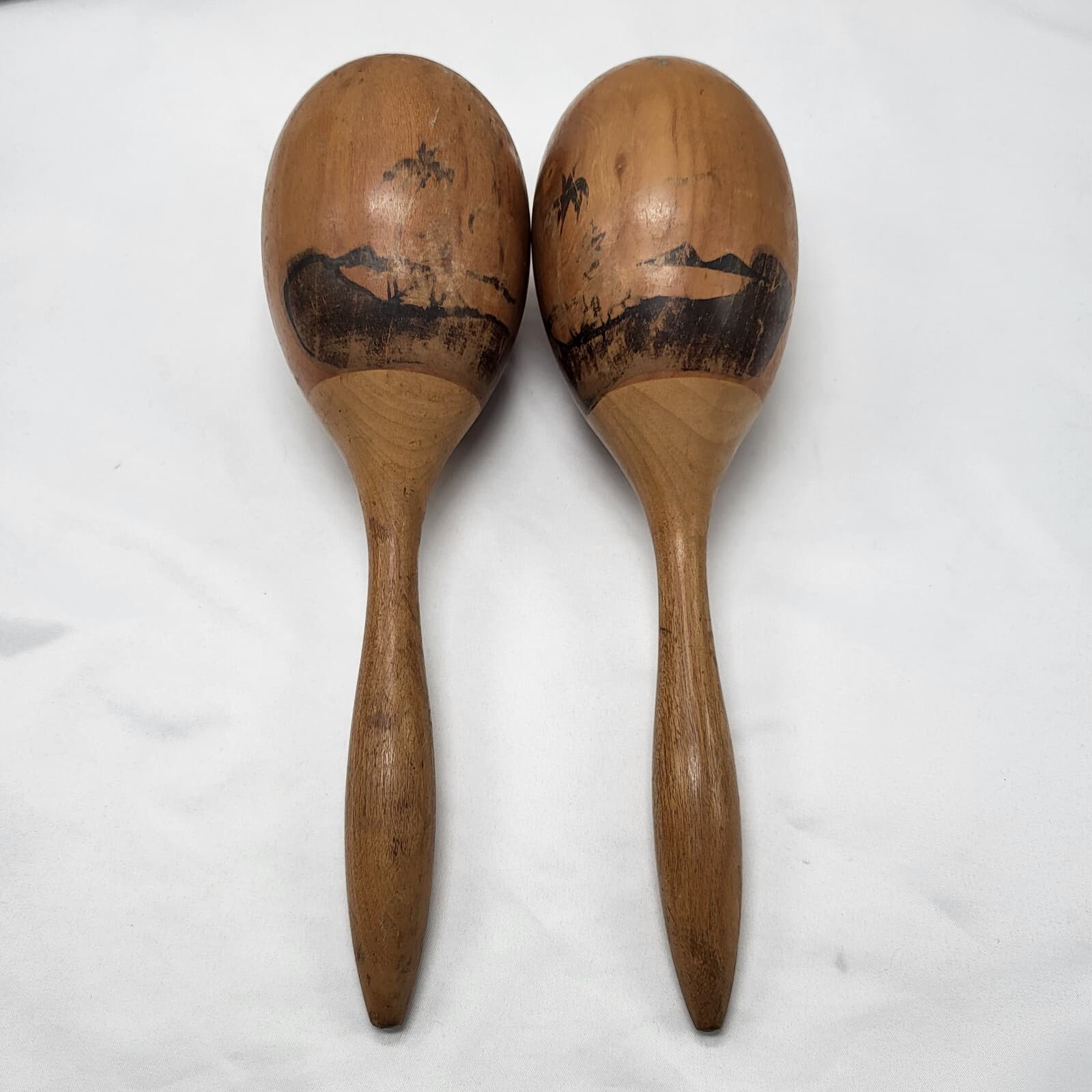 Vintage Wooden Maracas - Approx. 12" - Set Of 2 - Design Nearly Worn Off