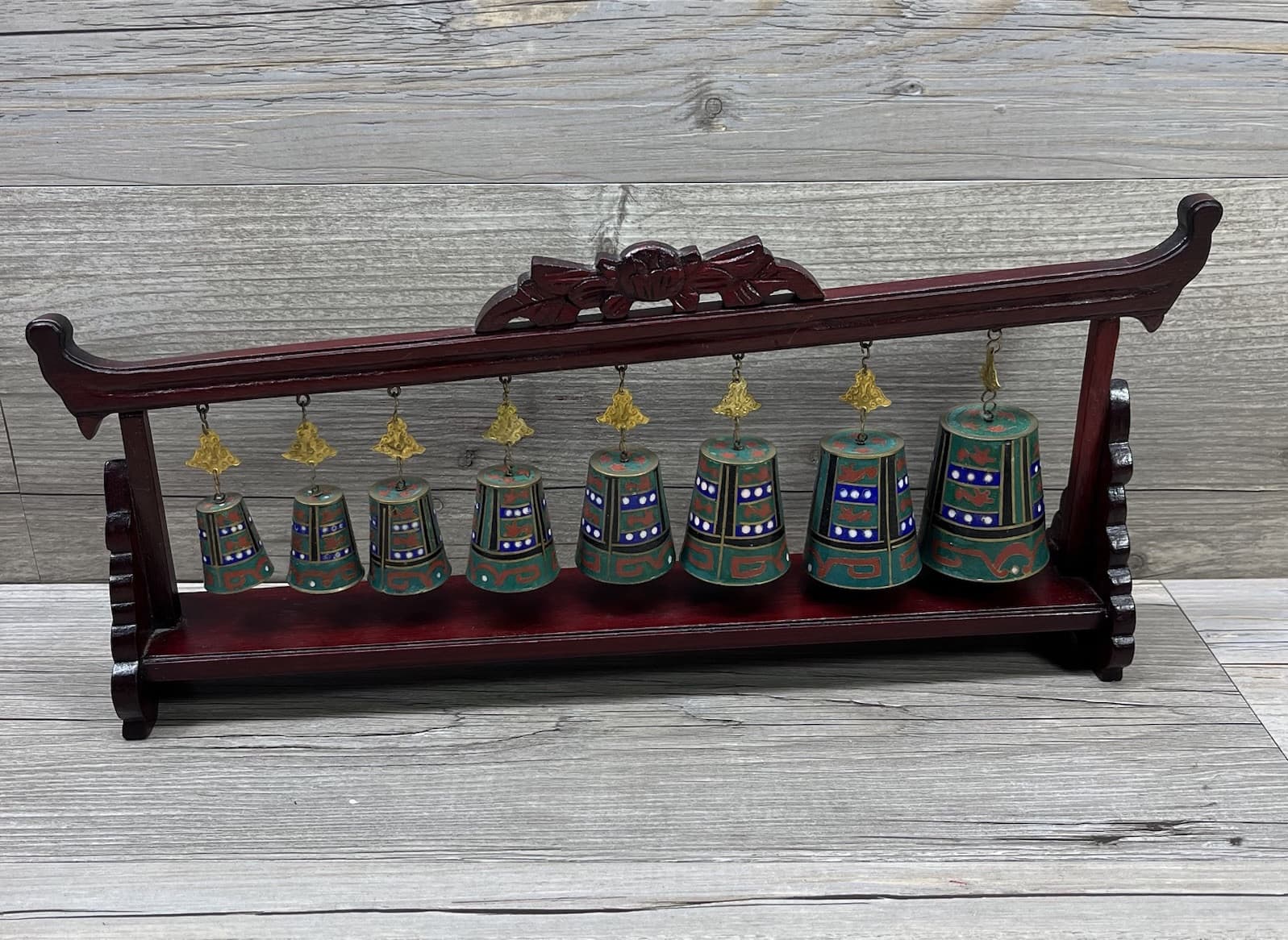 Vintage Set of Graduated Chinese Cloisonne Hanging Bells Chimes on Wood Stand 3
