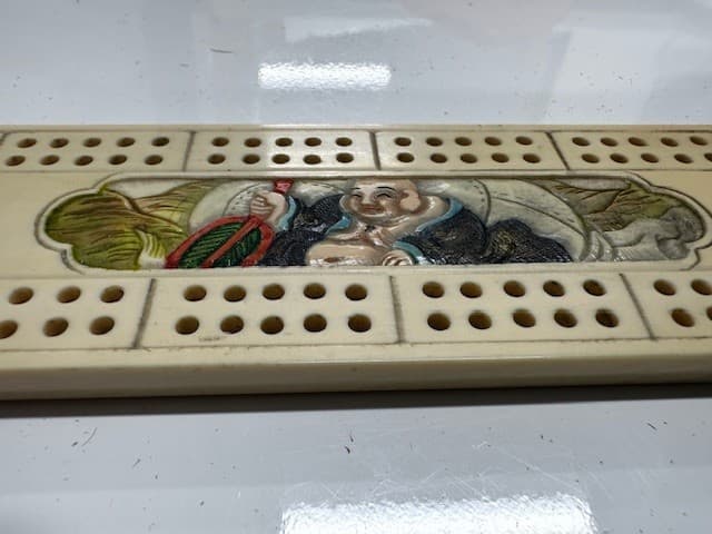 RARE Japanese Motif-Meiji Period Kitagawa Vintage Bone Carved Cribbage Board 4