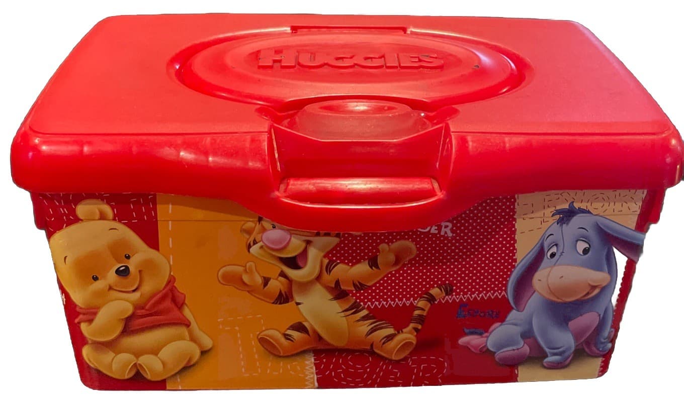 Huggies Winnie Pooh Piglet Tigger Red Baby Pop-Up Lid Wipes Container EMPTY VTG