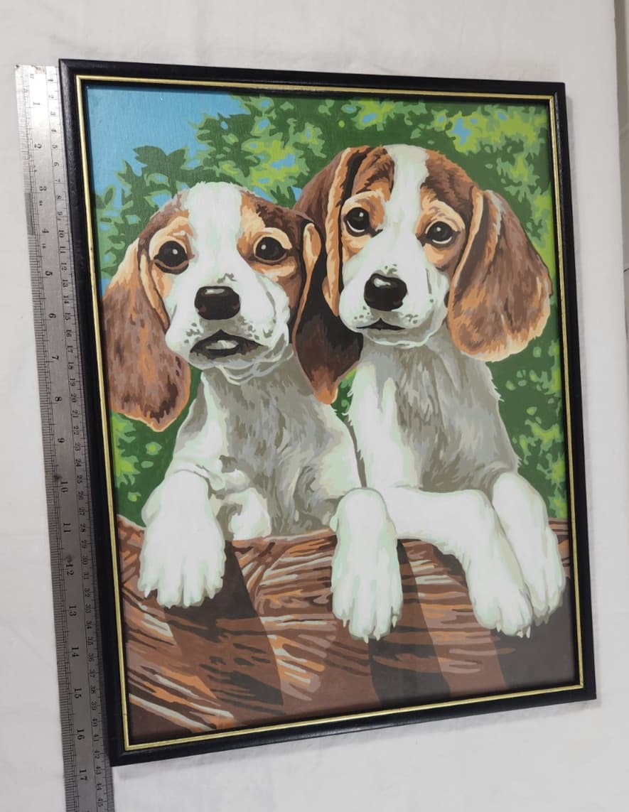 Vtg Framed 70s MCM Paint By Numbers Oil Painting Beagle Puppies  16.75” 2