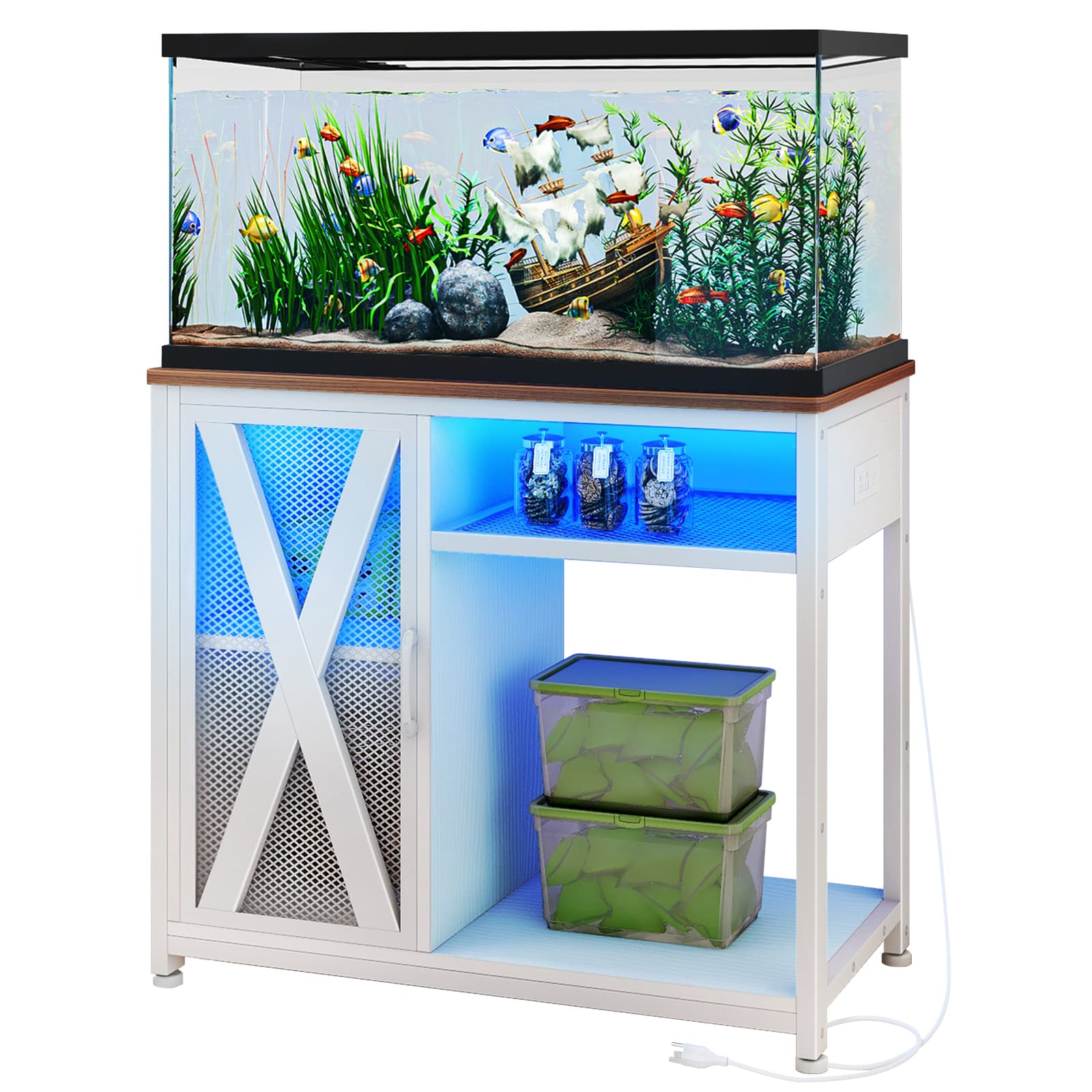 40-50 Gallon Metal Fish Tank Stand w/ LED Light & Power Outlets 3-Tier Storage 2