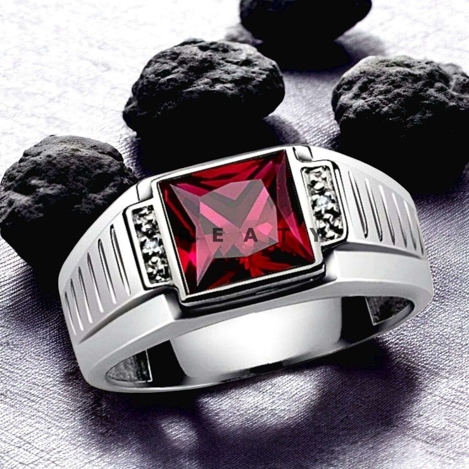 Garnet Square Cut Gemstone With 925 Sterling Silver Ring For Men's #562 # 3