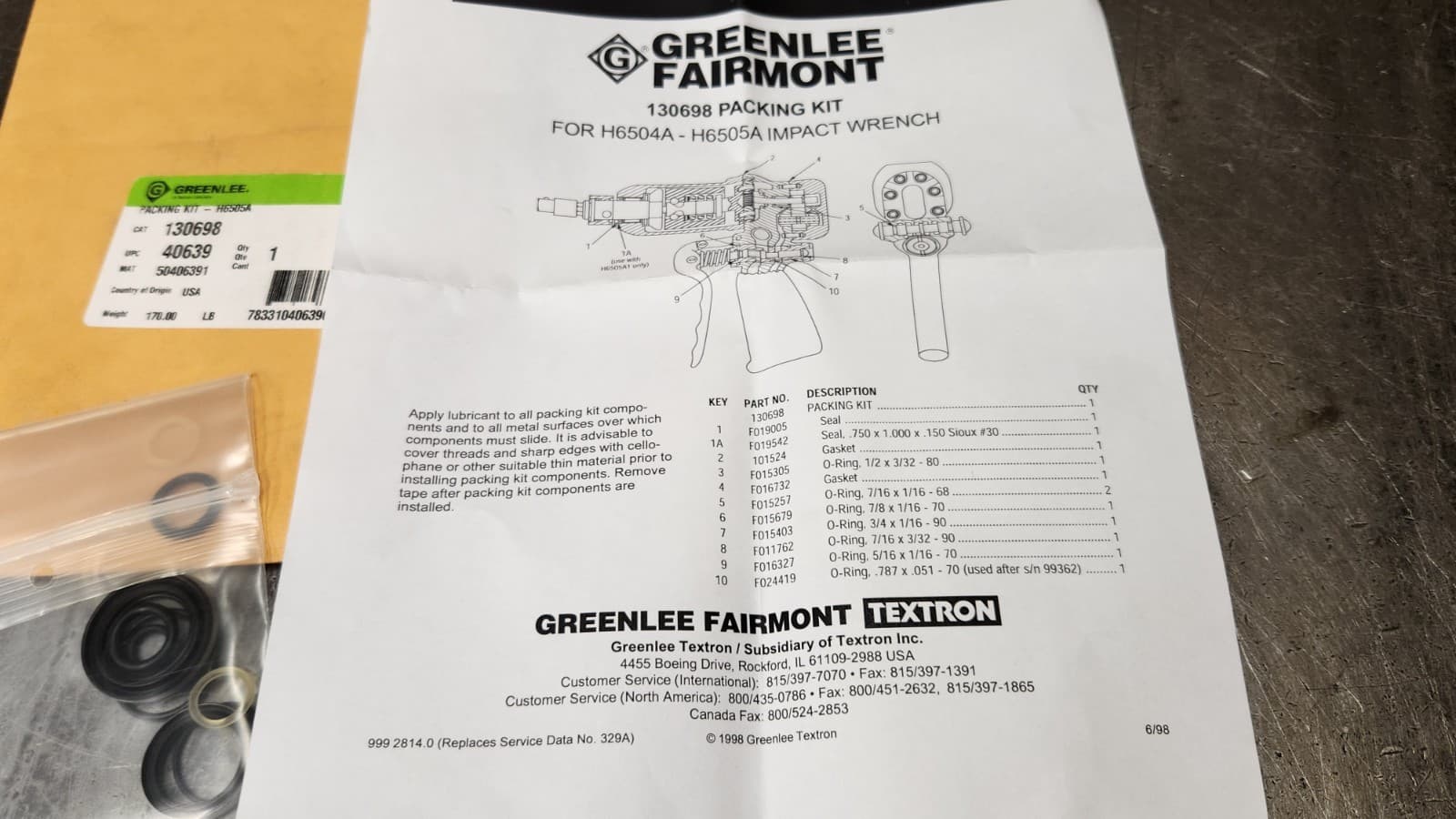 New Greenlee 130698 Packing Seal Kit for  H6505A Hydraulic Impact Wrench Repair 5