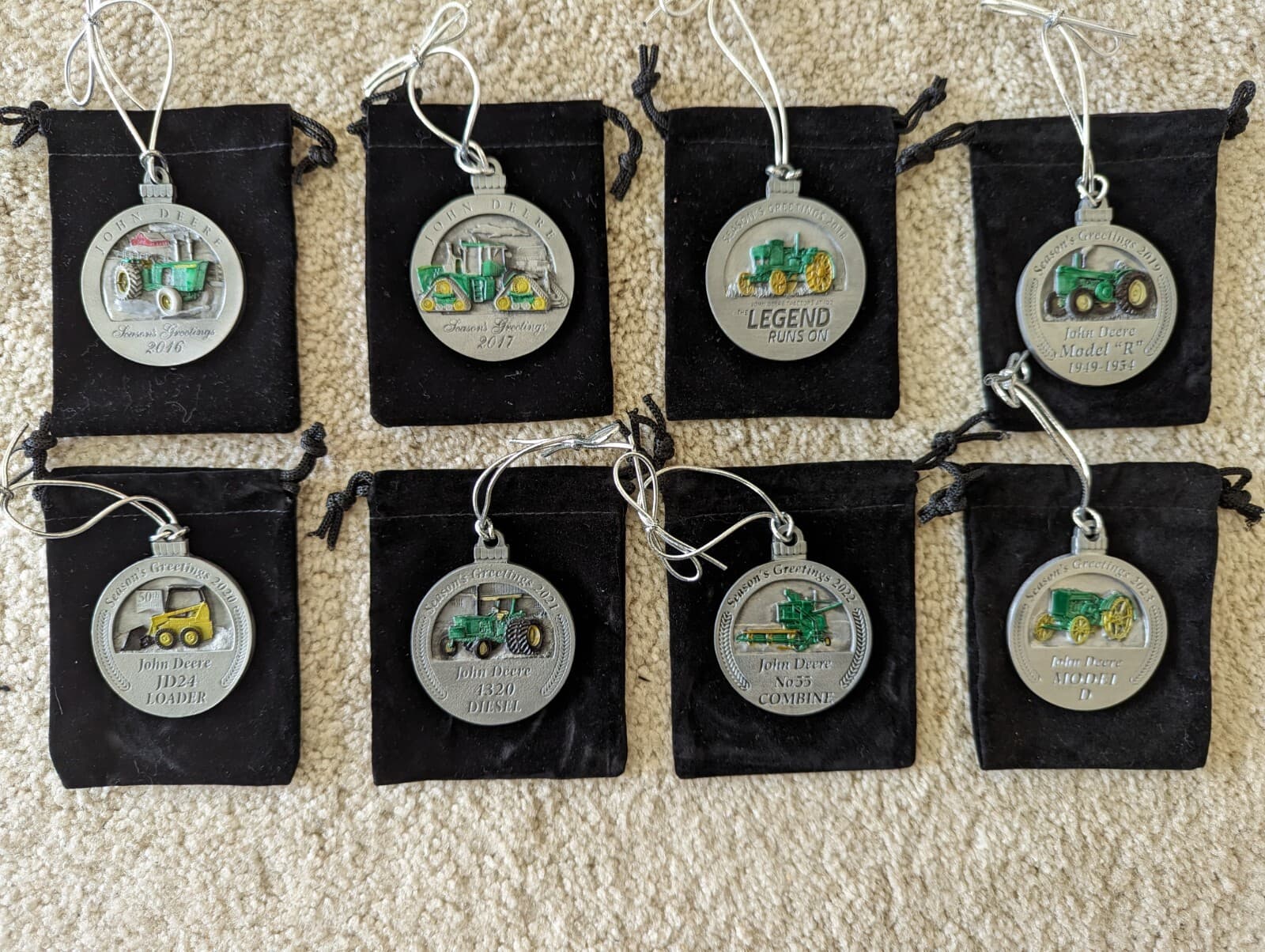 John Deere Pewter Ornaments 2016 2017 2018 2019 2020 2021 2022 2023 with pouches 2