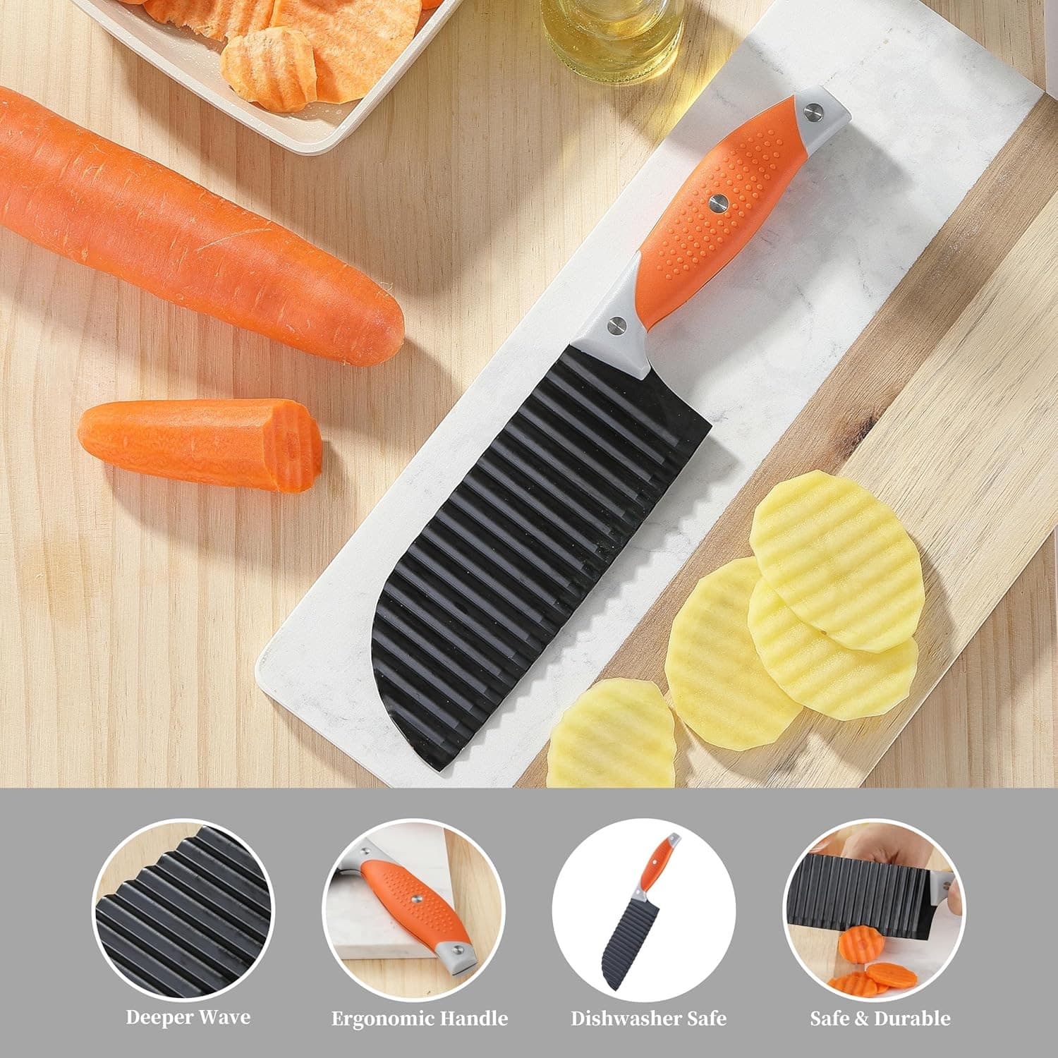 Crinkle Cutter for Veggies, Crinkle Cut Knife for French Fry, Vegetable, Potato, 3