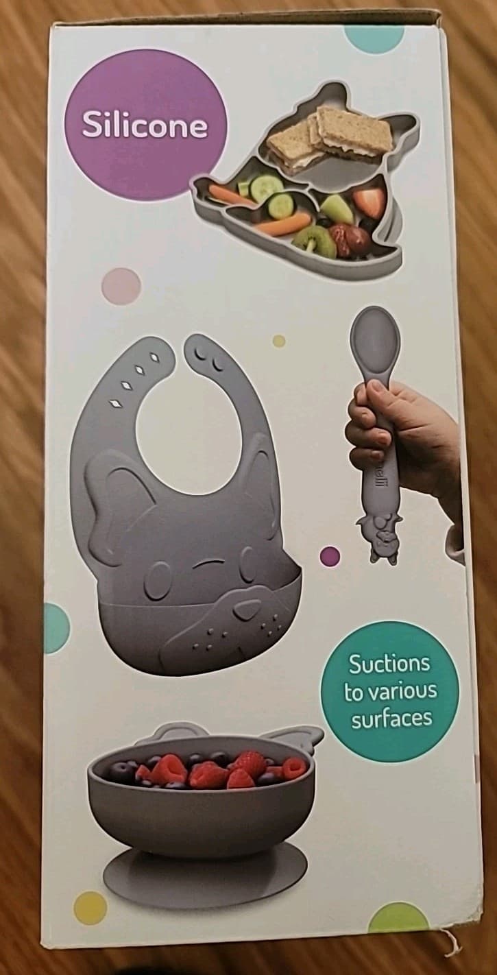 5 Piece Silicon Baby Feeding Set French Bulldog  Bowl Bib Plate 2 Spoons Torn Bx 2