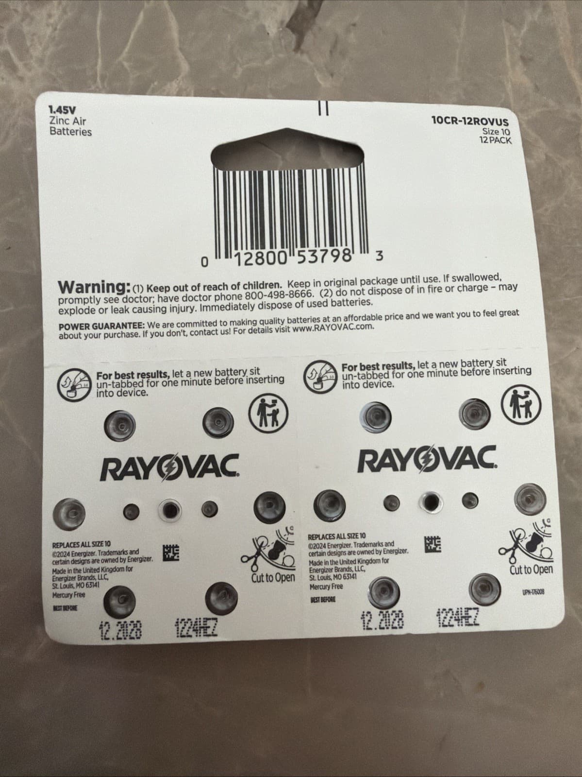 Rayovac Zinc Air Hearing Aid Batteries 12 Pack Size 10 Exp. 12/2028 2