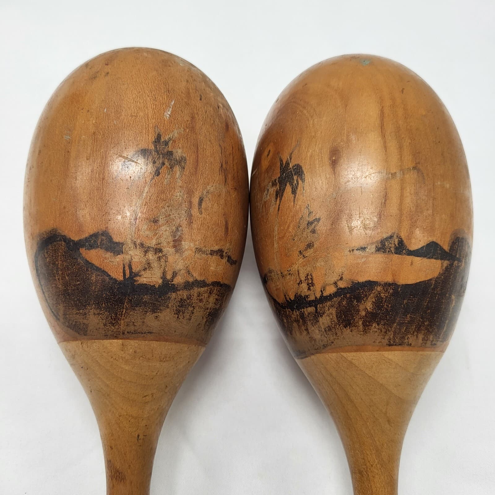 Vintage Wooden Maracas - Approx. 12" - Set Of 2 - Design Nearly Worn Off 2