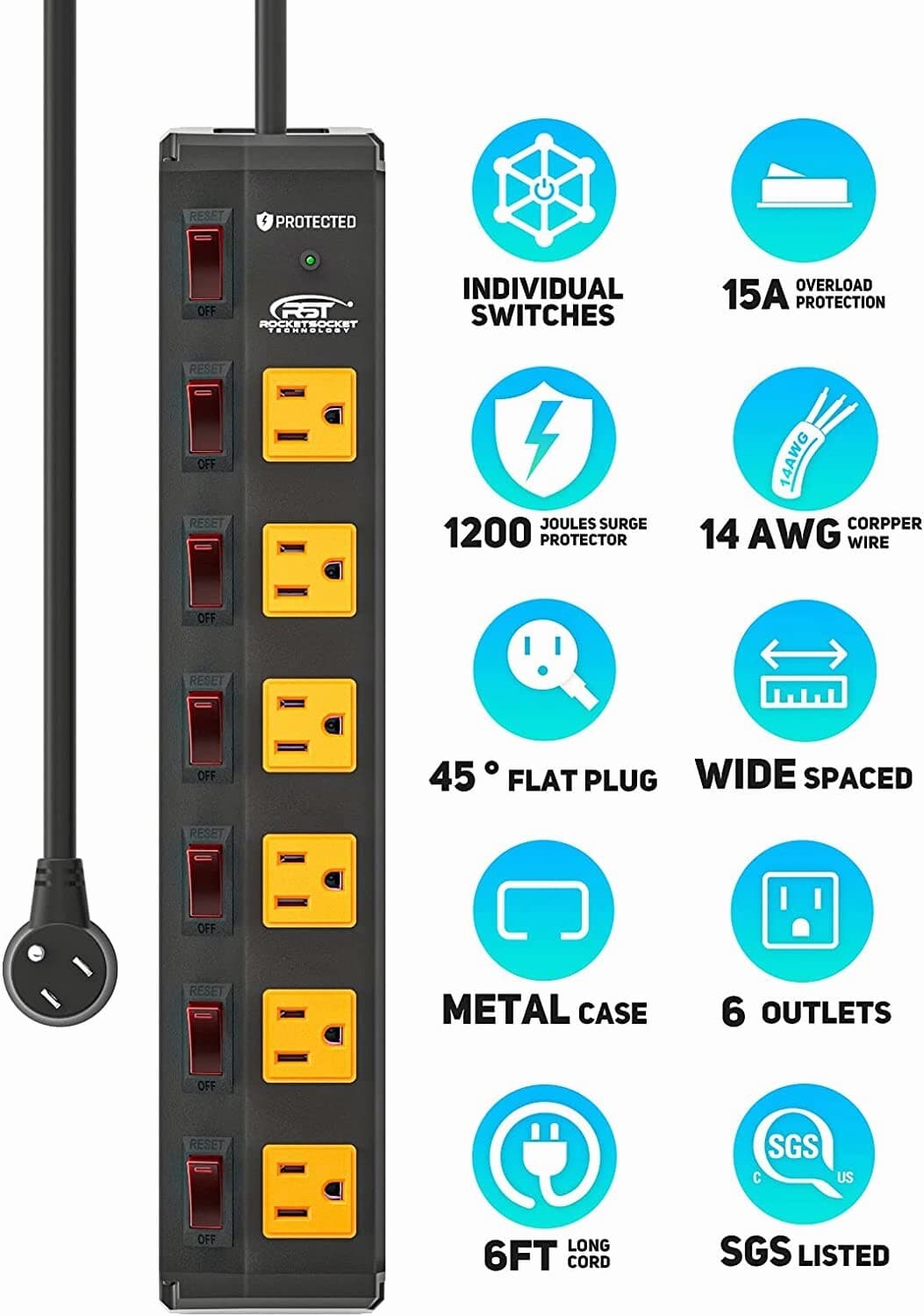 6 Outlet Heavy Duty Power Strips Surge Protector with Individual Switches 2