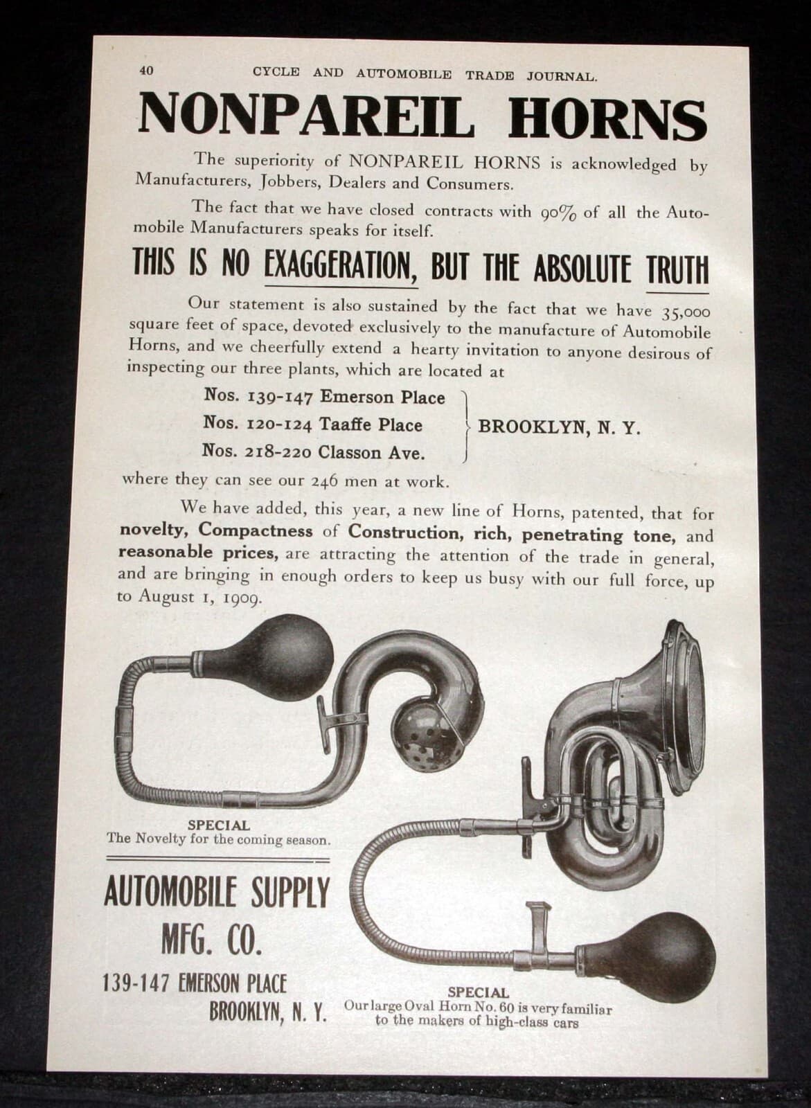 1909 OLD MAGAZINE PRINT AD, THE NONPAREIL AUTOMOBILE HORN, THE ABSOLUTE TRUTH!
