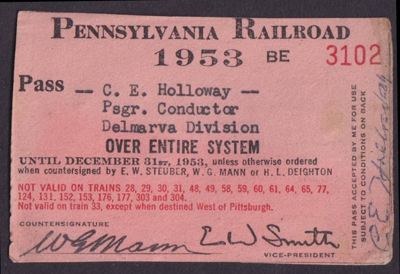 Pennsylvania Railroad Entire System Pass 1953 Passenger Conductor