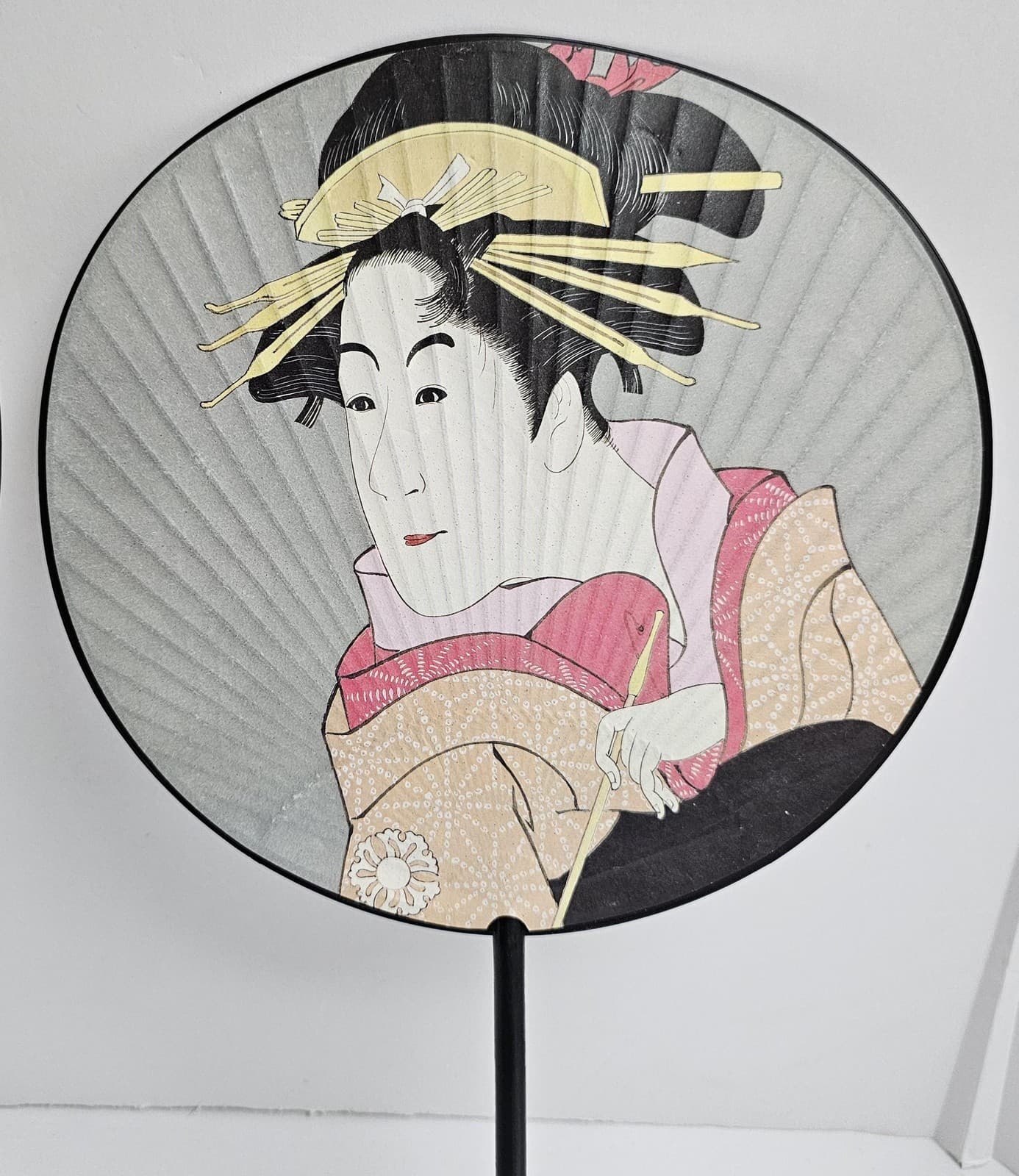 Japanese Uchiwa Hand Fans Set of 2 Ukiyo-e Kabuki Actor & Geisha Art Decor 3