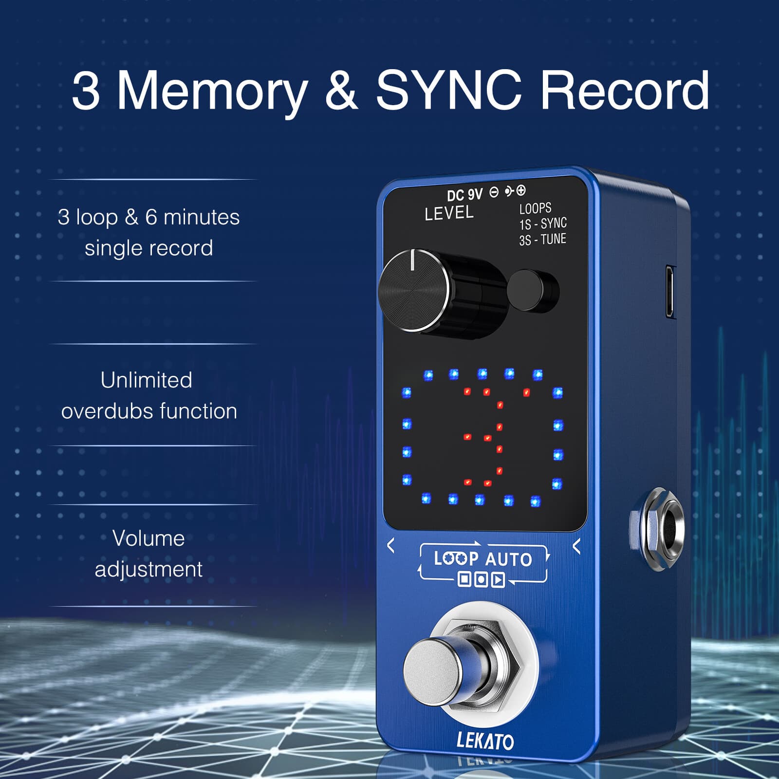 LEKATO Looper Guitar Effect Pedal 18 Mins 3 Slot Wave Loop Record + US Plug 5