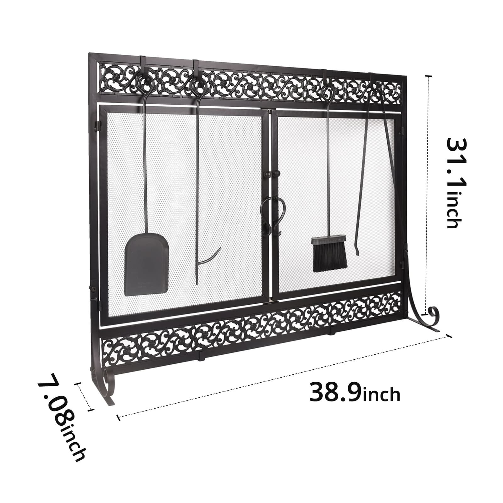 Metal Fireplace Screen Scrollwork Black Design Adjustable Feet Two-Doors 6
