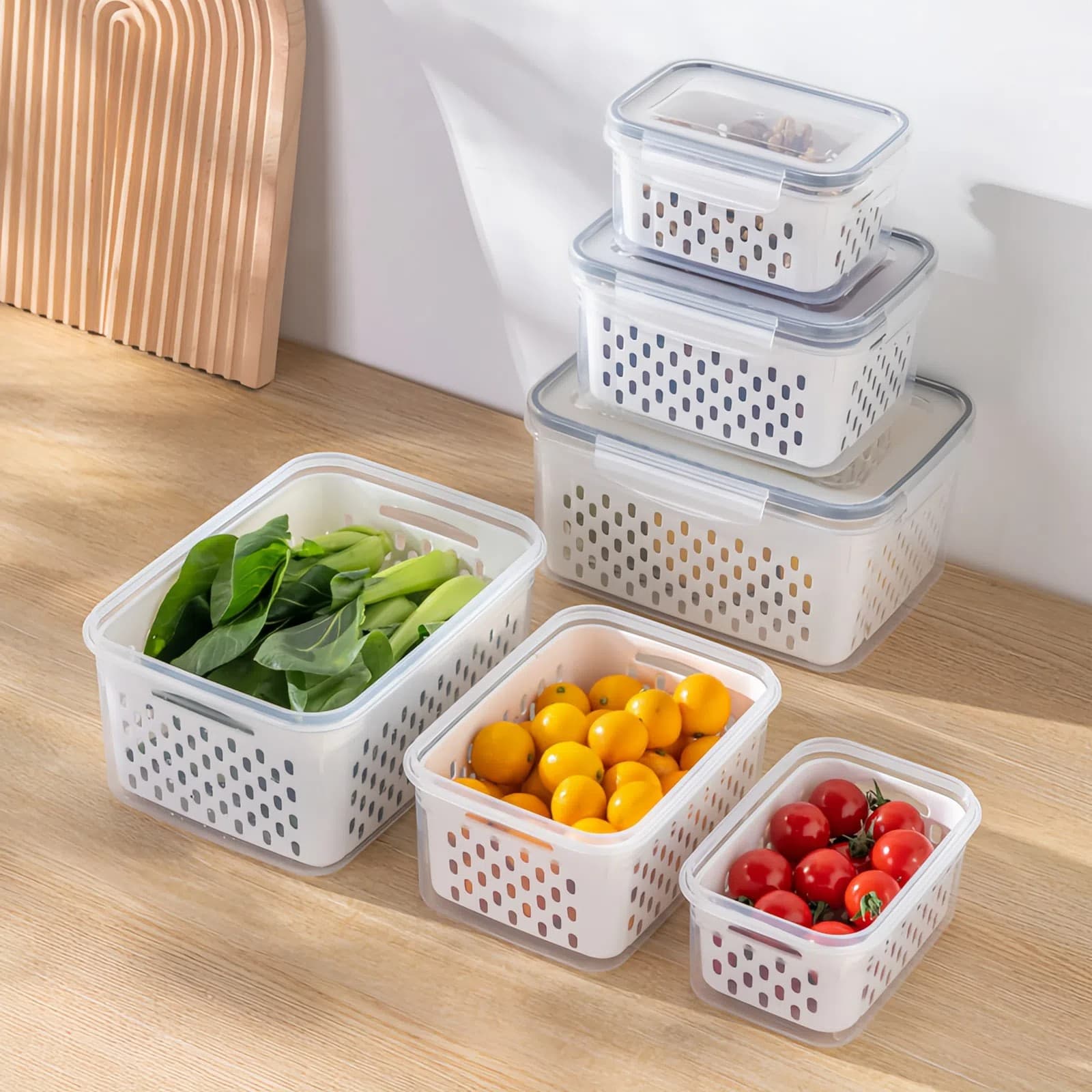 Fruit Storage Containers Set for Fridge Fresh Food with Removable Colanders