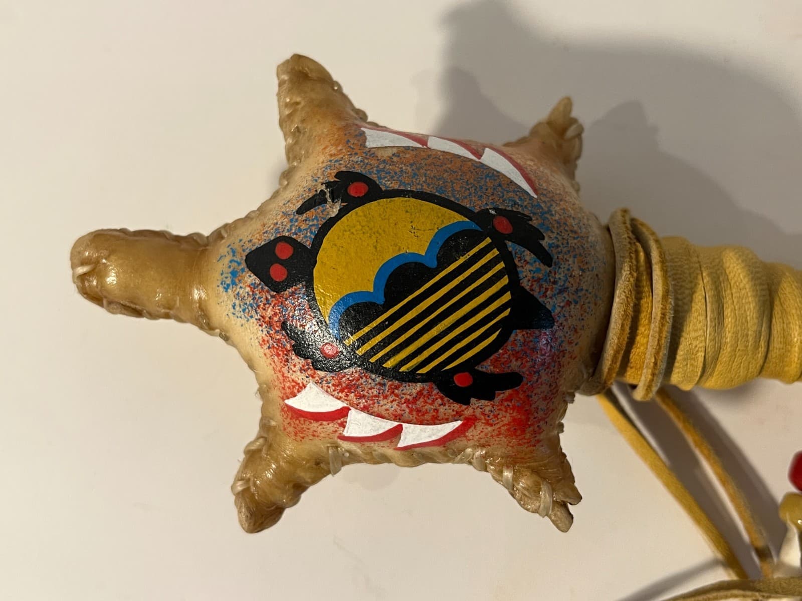 Native American Rawhide Ceremonial Turtle Rattle 15" Feathers Arrowheads Beads 2