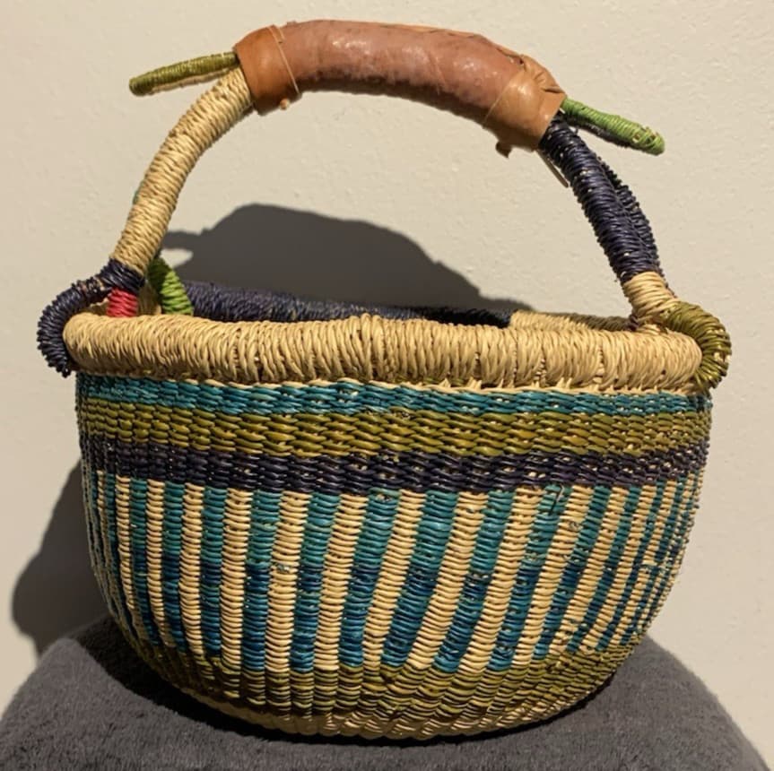 Bolga African Market Basket Hand Woven With Leather Wrapped Handle 9” x 6” x 10” 2