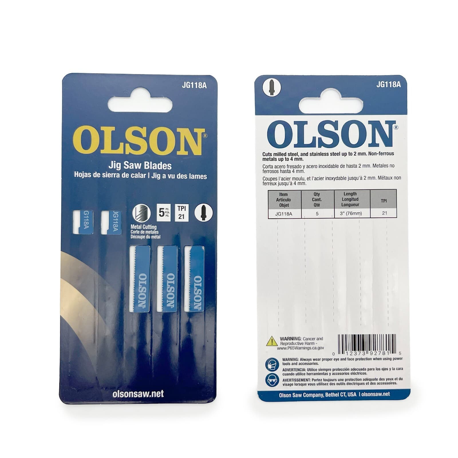 OLSON Jigsaw Blades 5PCS 3" 21T - Metal Cutter, Straight Cuts, T-Shank (JG118A) 3